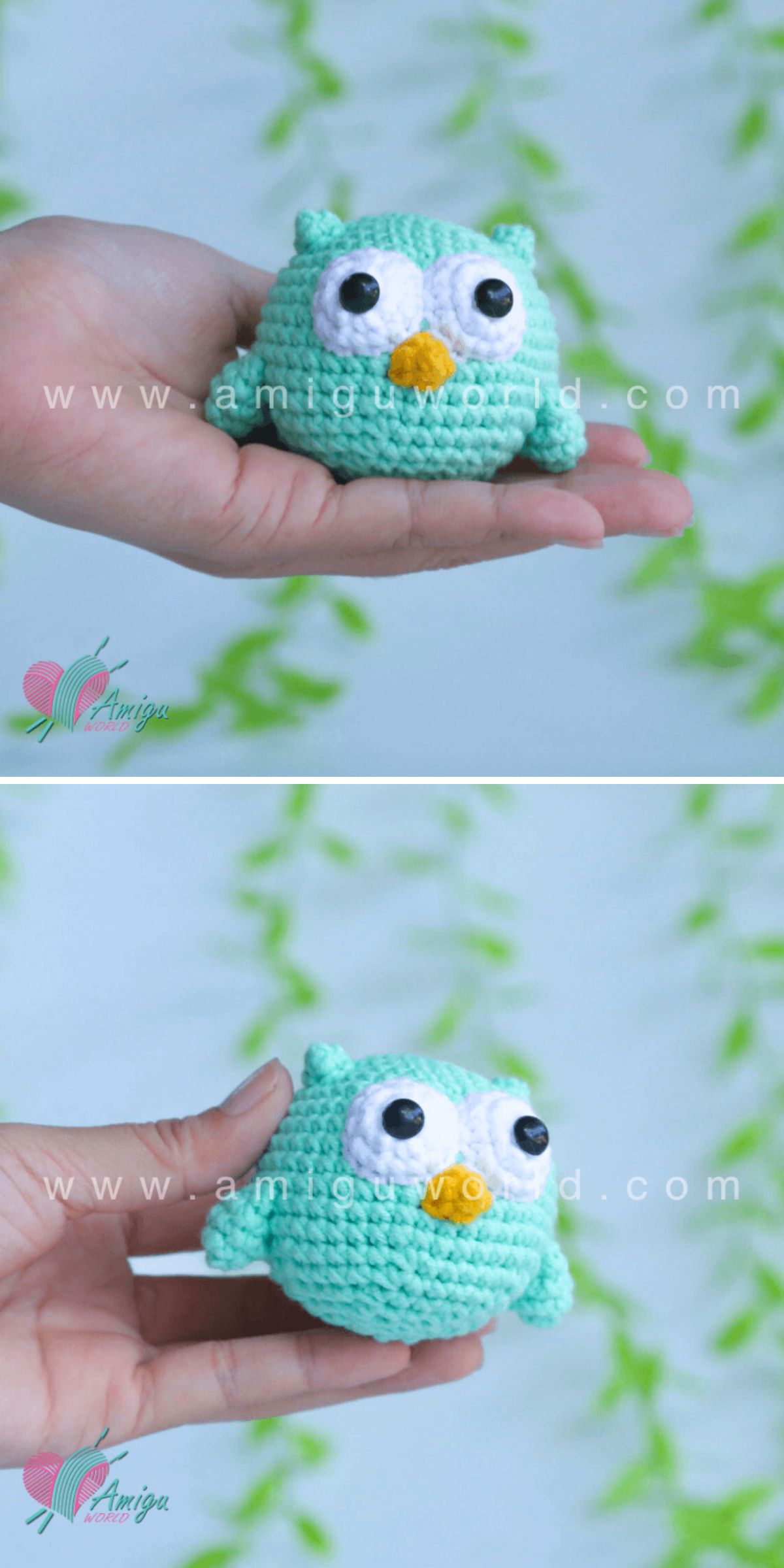 A hand holds a small crochet owl, beautifully crafted in turquoise with large white and black eyes and a yellow beak, set against a blurred green background.