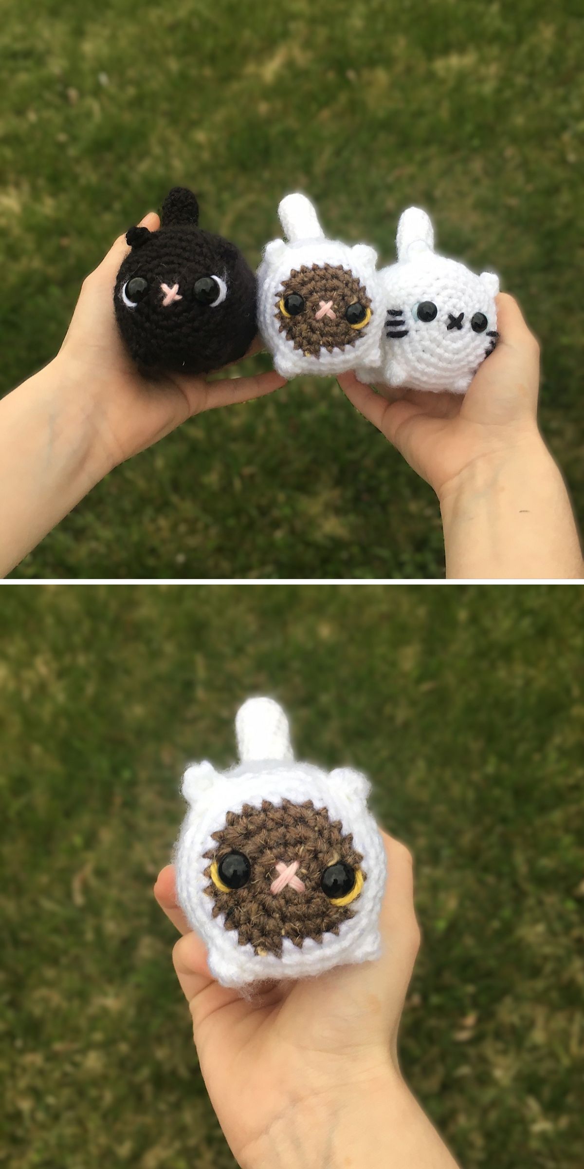 Two hands hold three small crochet cat amigurumi toys — one black, one white with a brown face, and one all white; close-up of the white-brown crochet cat amigurumi below.