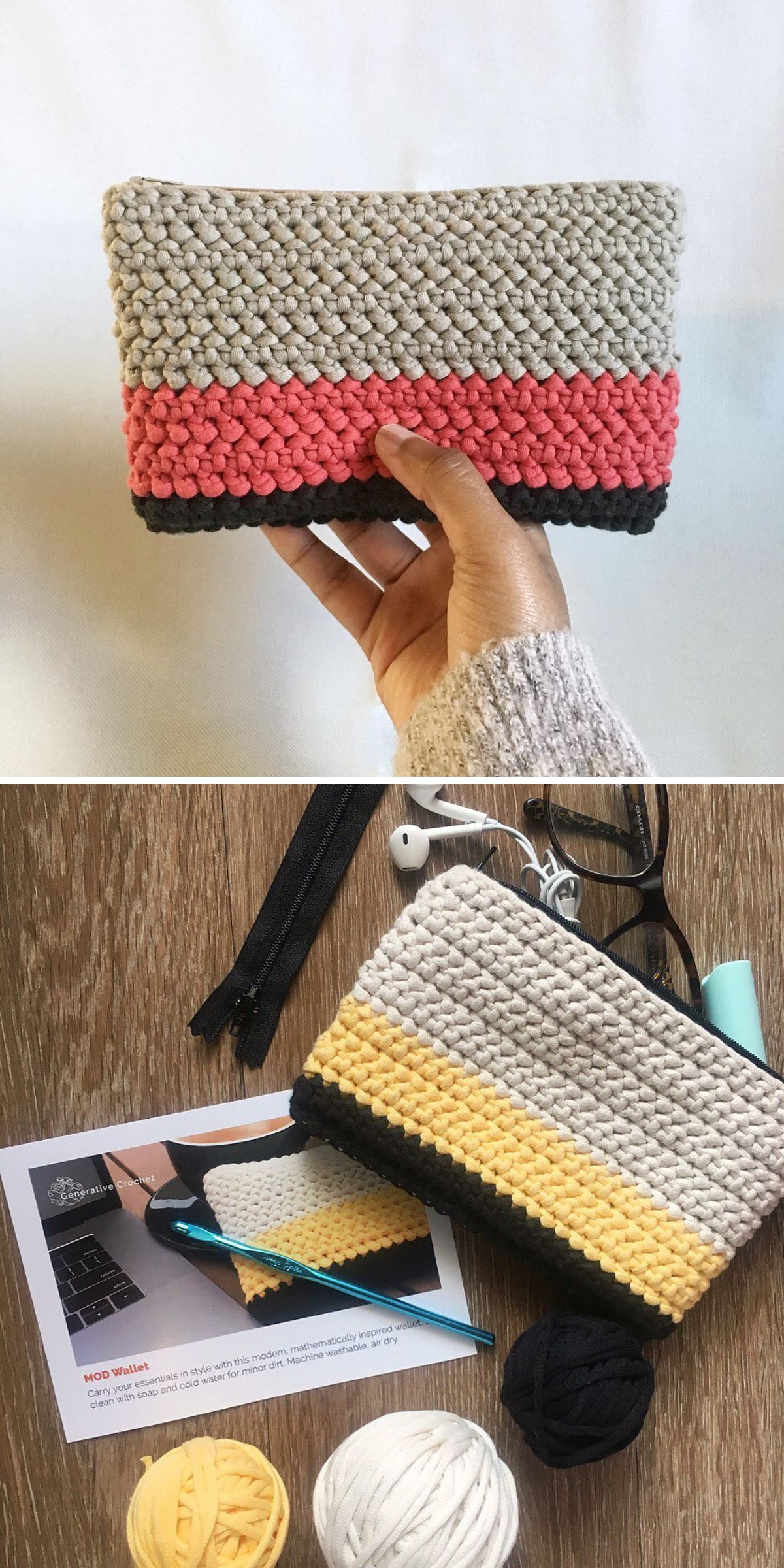 Two images of hand-knitted zip pouches: the first, a crochet wallet with beige, pink, and black stripes held by a hand; the second features beige, yellow, and black stripes on a table with crafting supplies.