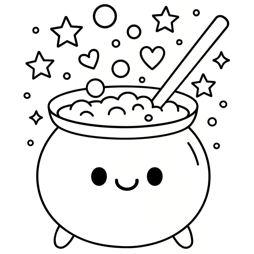 Magic cauldron with bubbles and stars – Halloween printable coloring pages for kids PDF