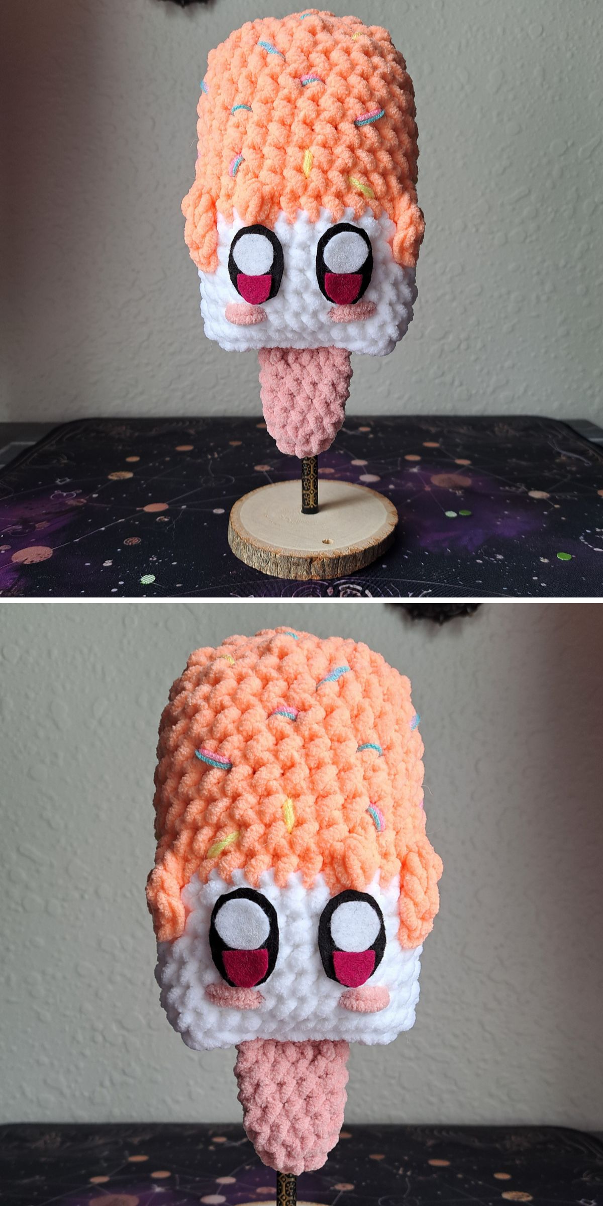 Two views of a crochet amigurumi food plush toy shaped like a popsicle with an orange top, white bottom, cartoon eyes, and a pink mouth, mounted on a wooden stand.