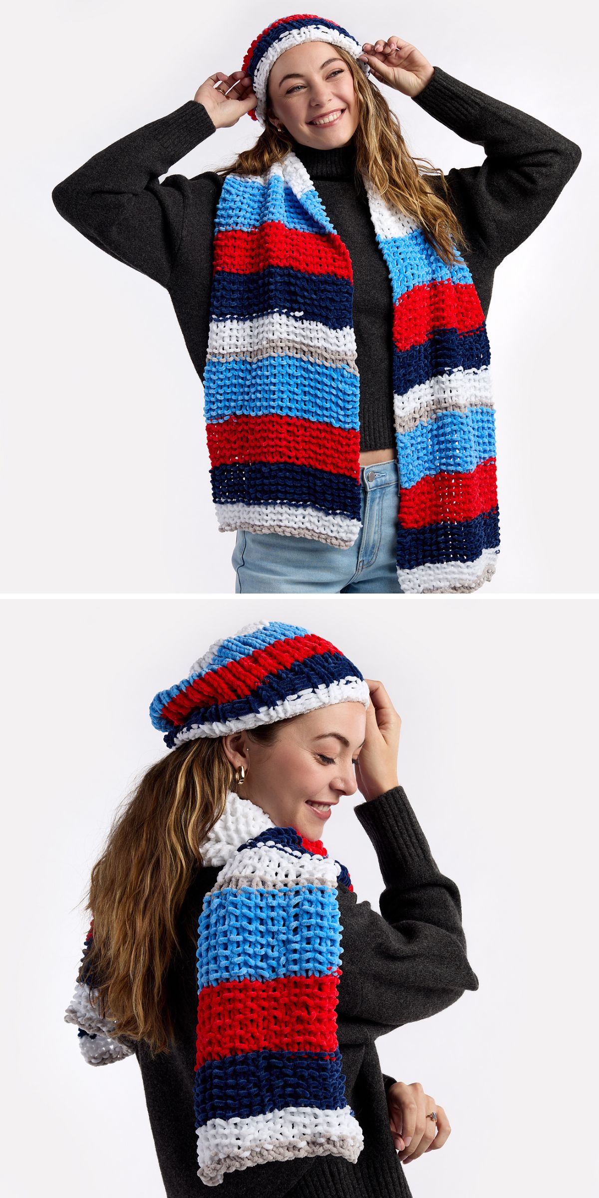 A person wearing a knitted hat and scarf set featuring red, blue, white, and navy stripes poses against a plain white background.