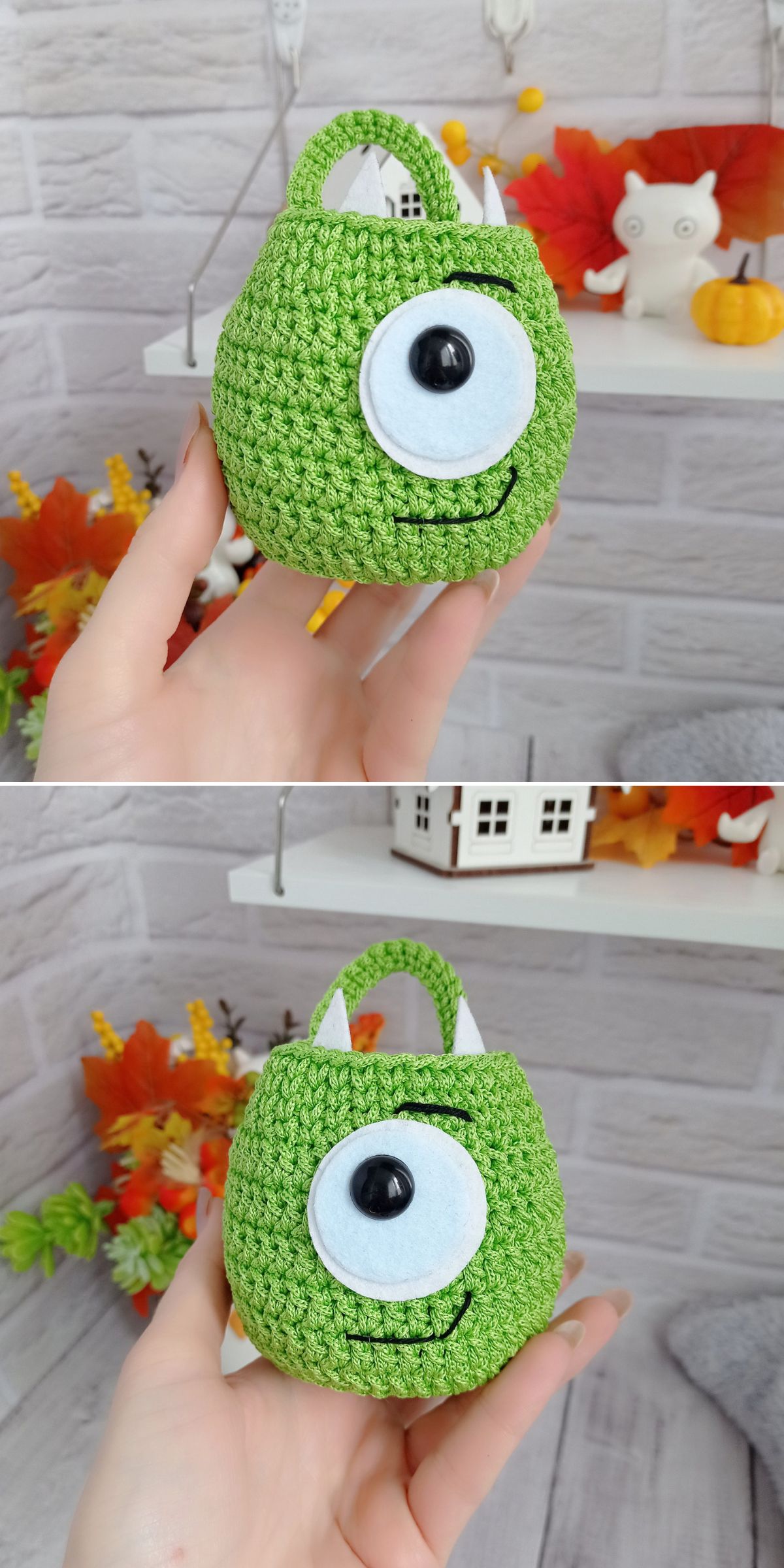 a tiny green crochet monster basket