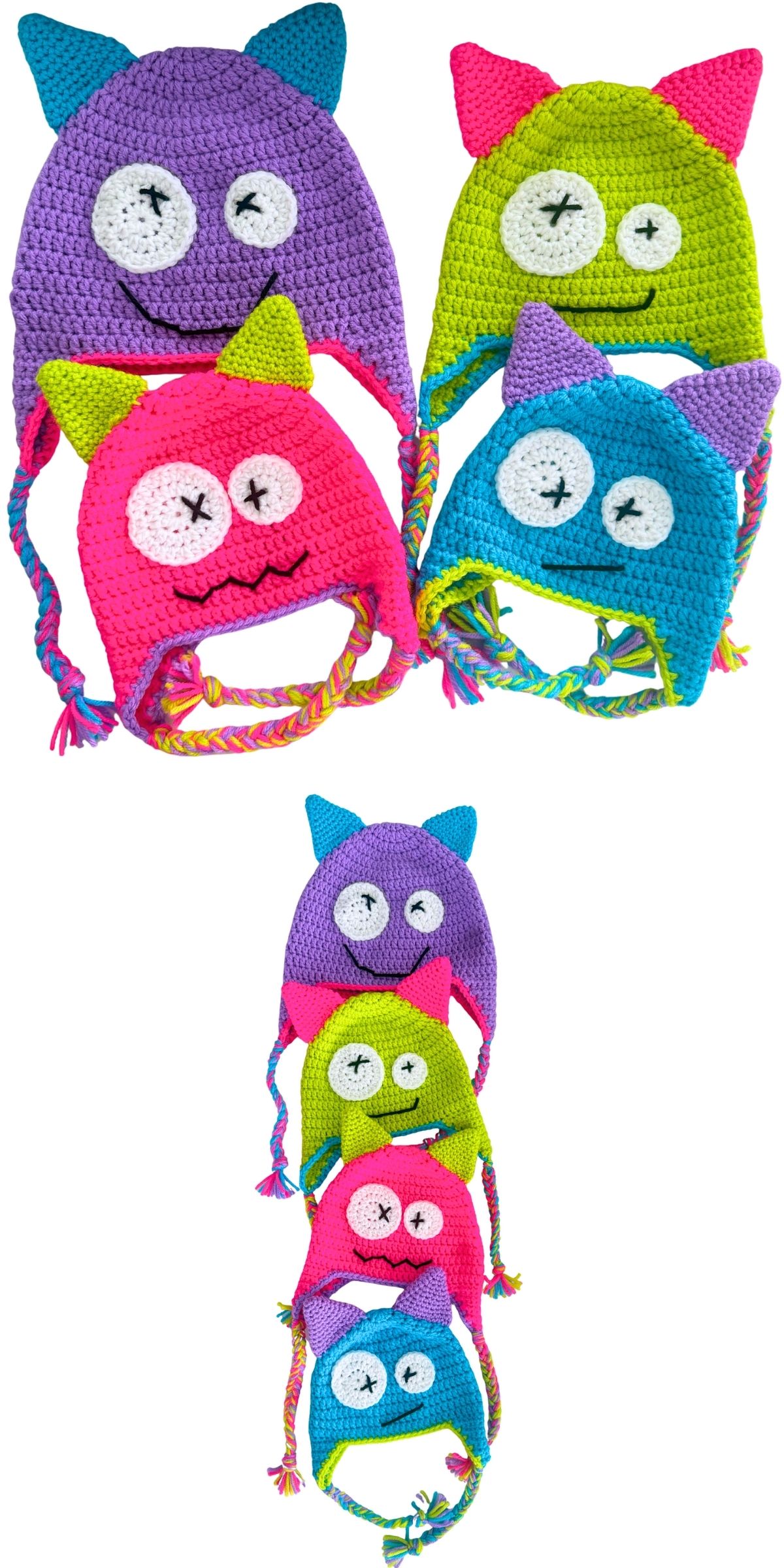 Four colorful crochet halloween hats with cat ears, button eyes, and braided chin straps are displayed, grouped together and stacked vertically.