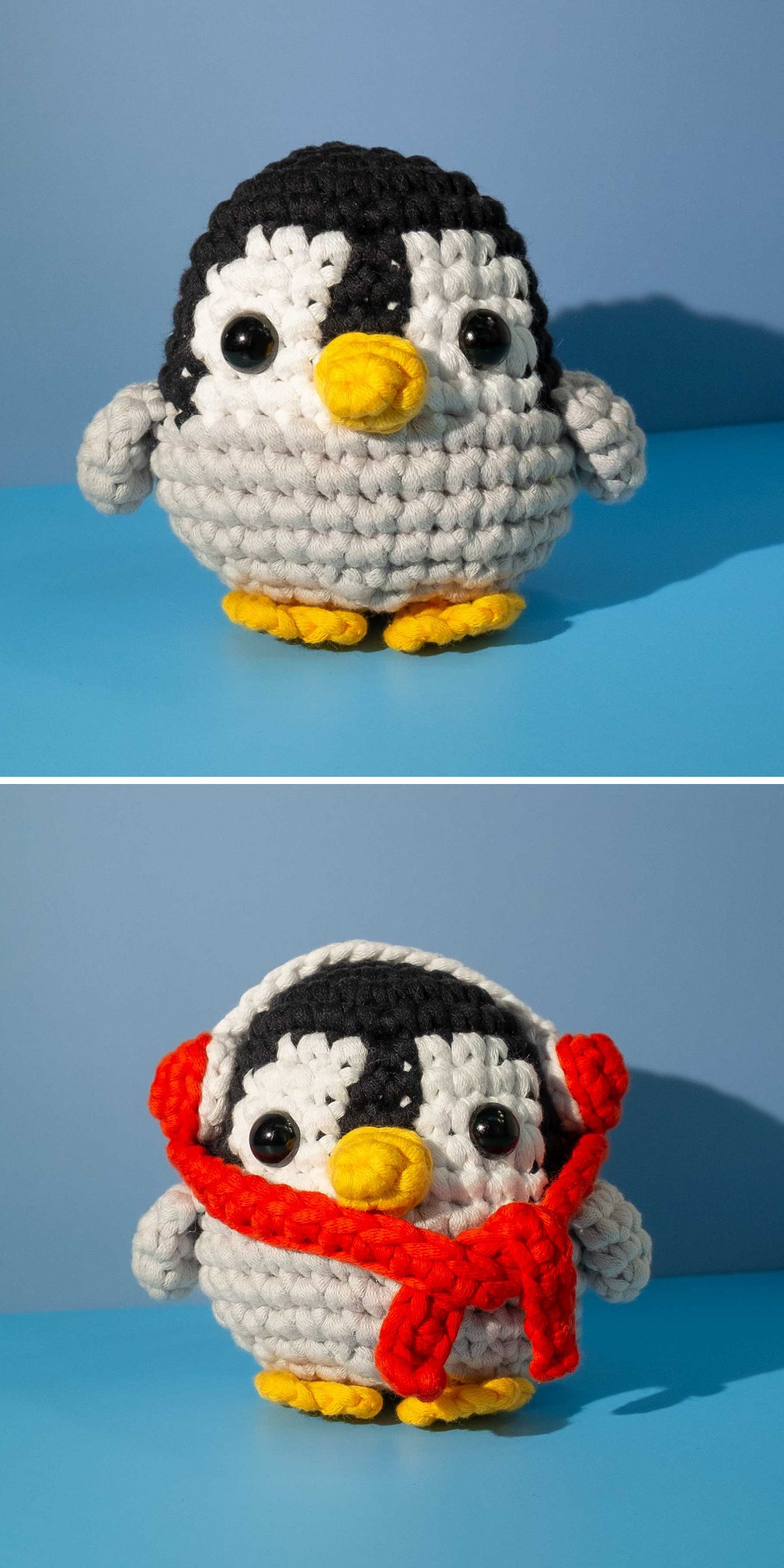 Two photos show a crocheted penguin plush made from penguin amigurumi patterns. In the first, it is plain; in the second, it wears a red scarf. Both are set against a plain blue background.