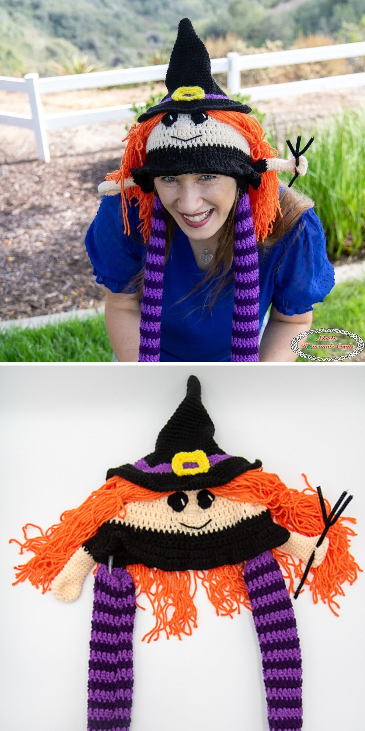 a funny crochet witch hat looking like a doll