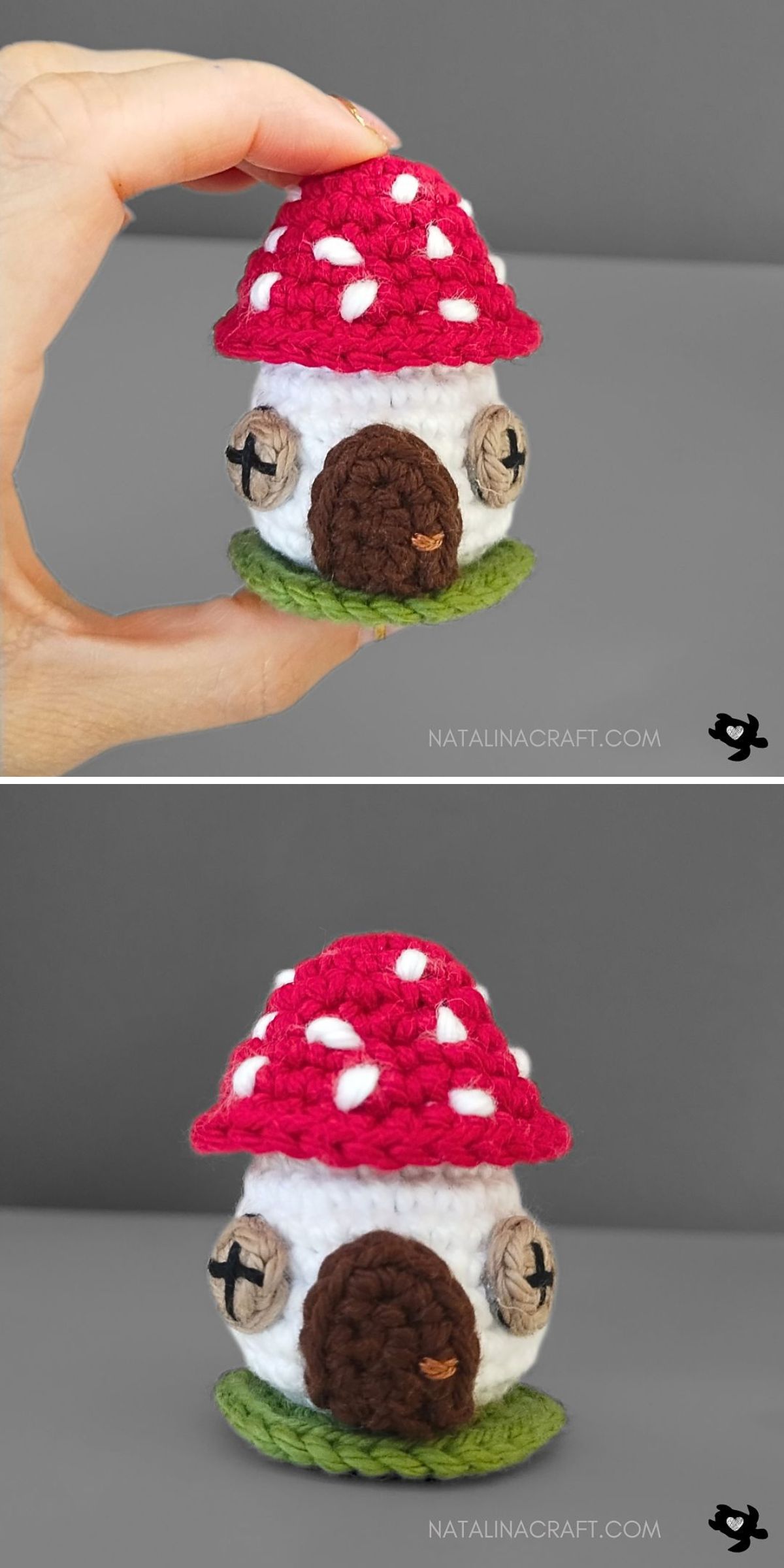 a small crochet mushroom house