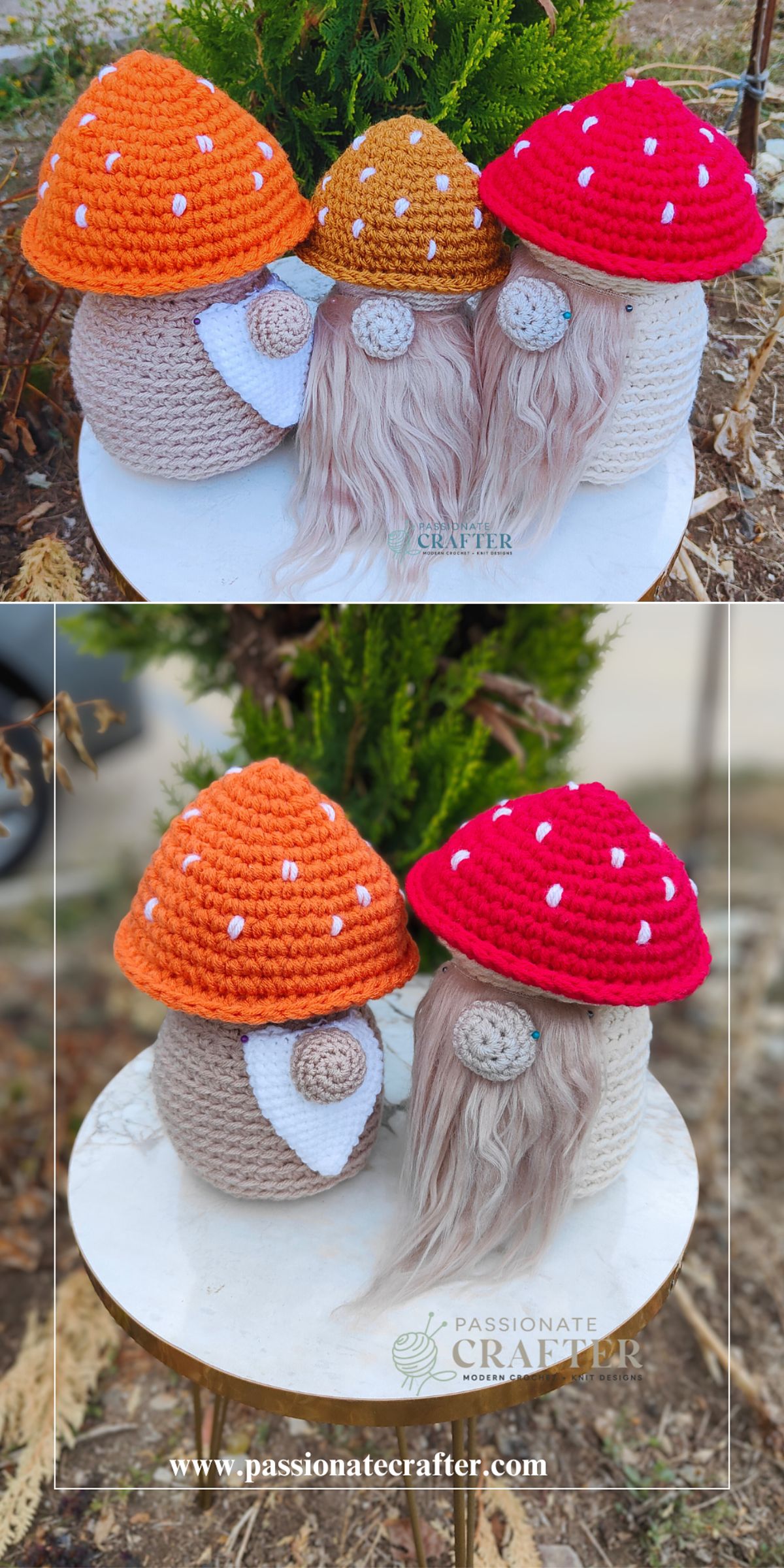 three crochet mushroom gnomes