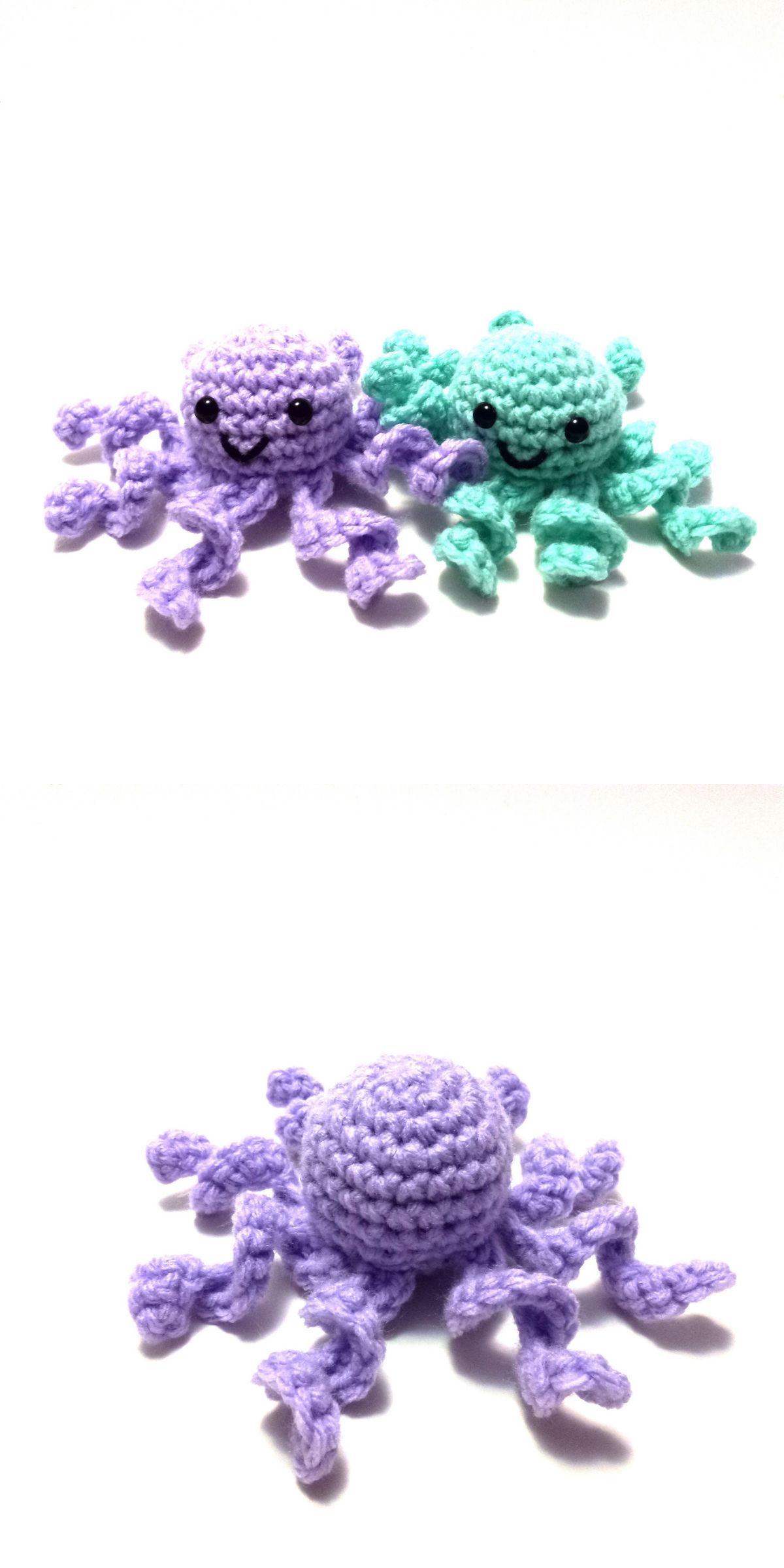 Two small octopus amigurumi toys, one purple and one mint green, are shown from the front in the top image, with the tiny octopus in purple displayed from the back in the bottom image.