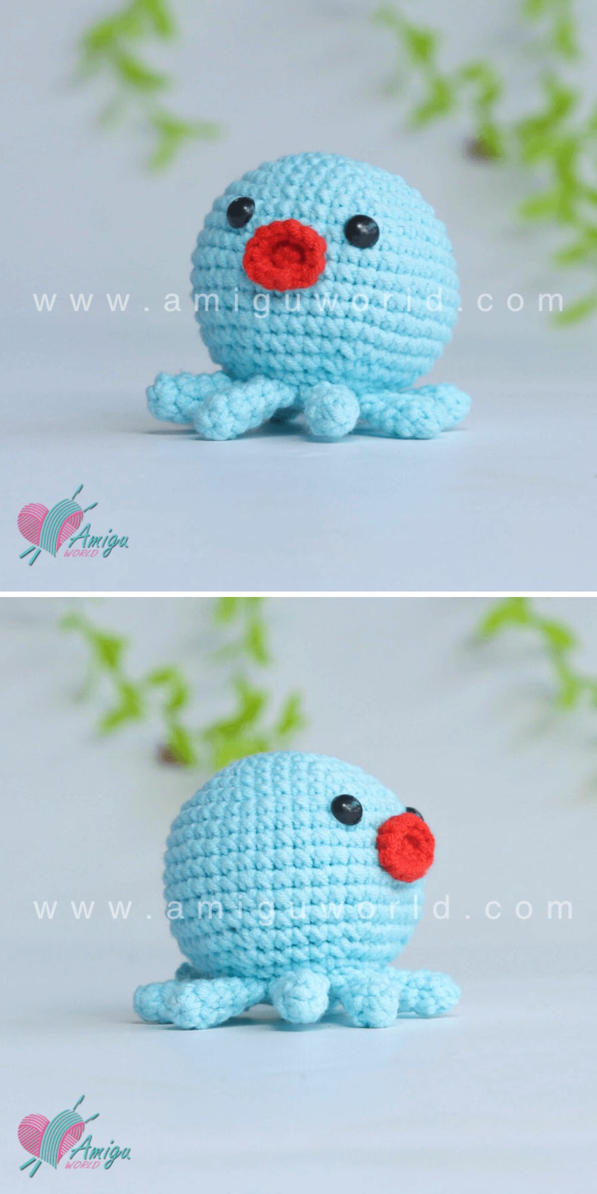A Mini Crochet Octopus with black eyes and a red mouth is shown from two angles against a light background with green accents.