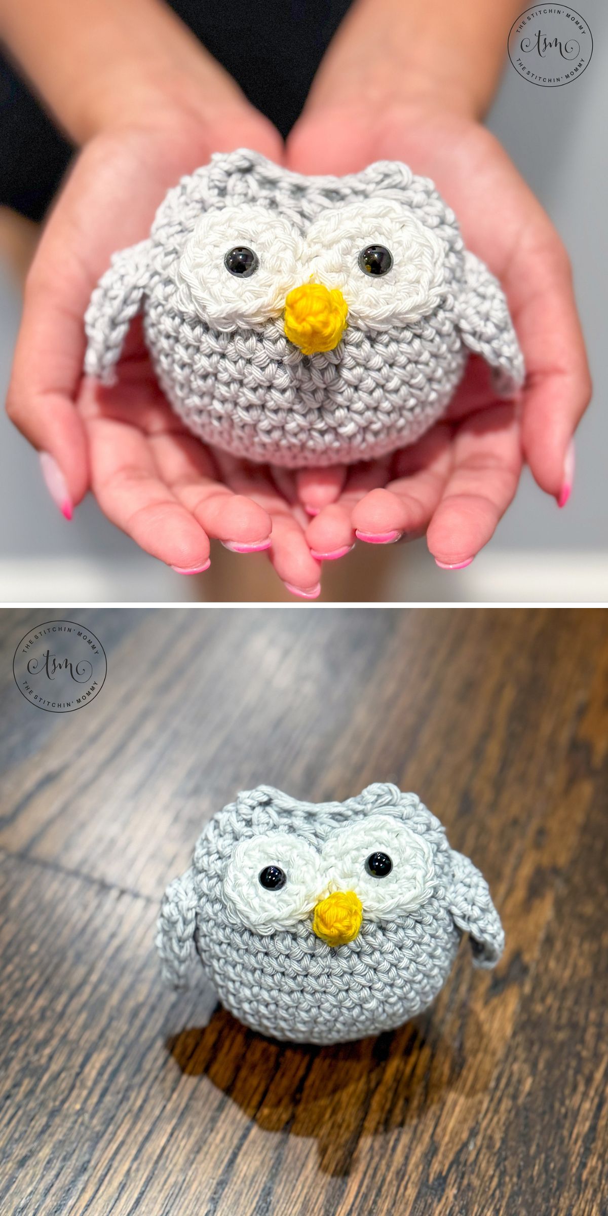A person holds a small crochet owl, gray with black eyes and a yellow beak; the crocheted owl is also shown sitting on a wooden surface.
