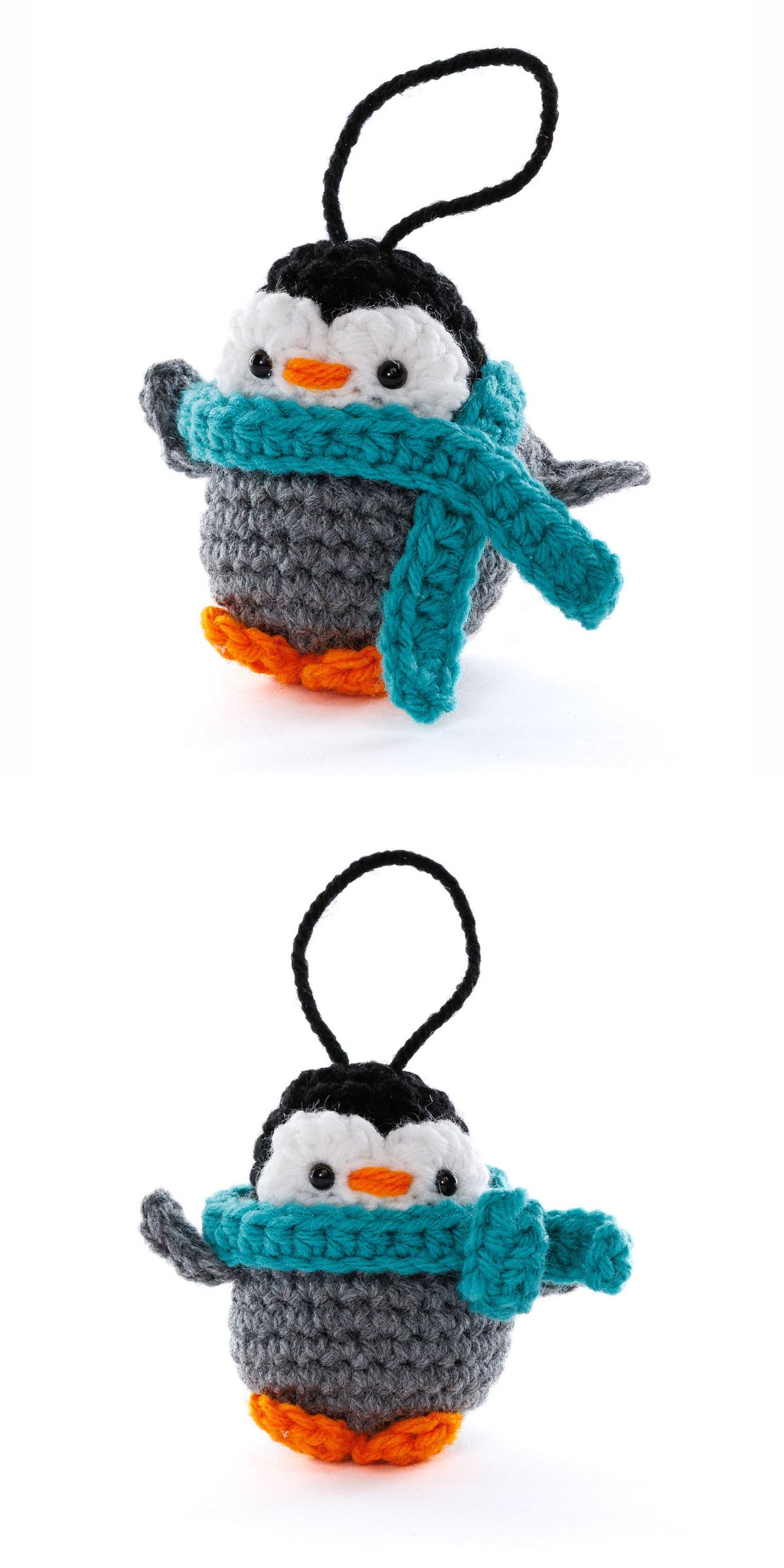 Two crocheted penguin ornaments with orange feet, gray bodies, and blue scarves, each with a hanging loop — perfect for those who love penguin amigurumi patterns — shown against a white background.