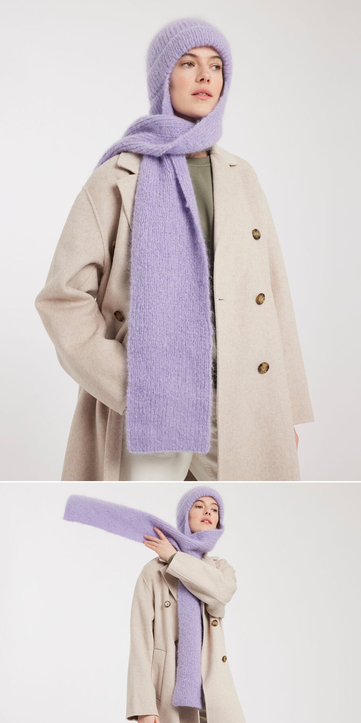 a woman wearing a knitted lilac beanie-and-scarf set
