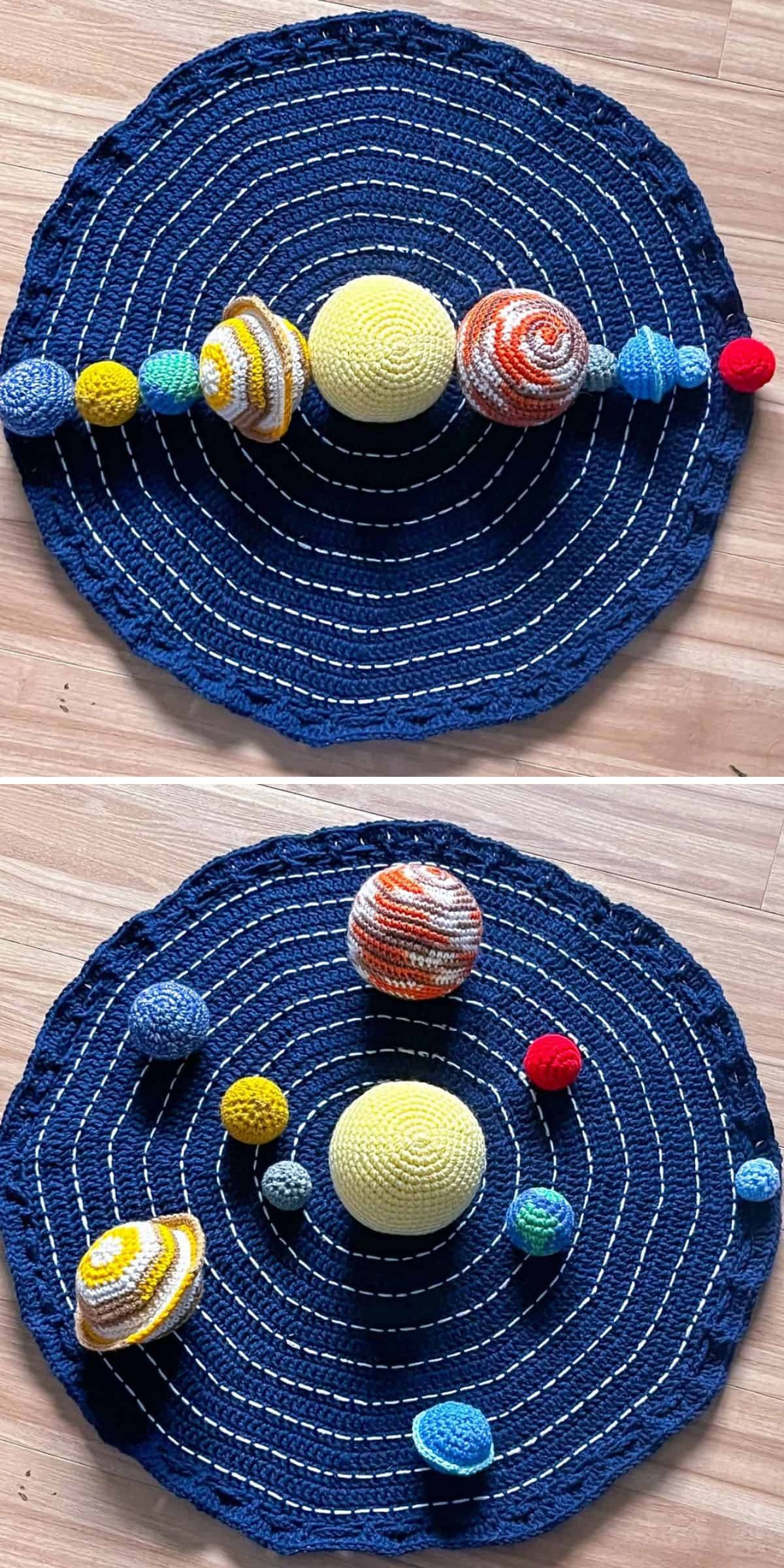 Two photos of a crochet baby toy solar system model, with planets arranged on a blue circular mat — in a line in the top image and spaced apart in the bottom image.