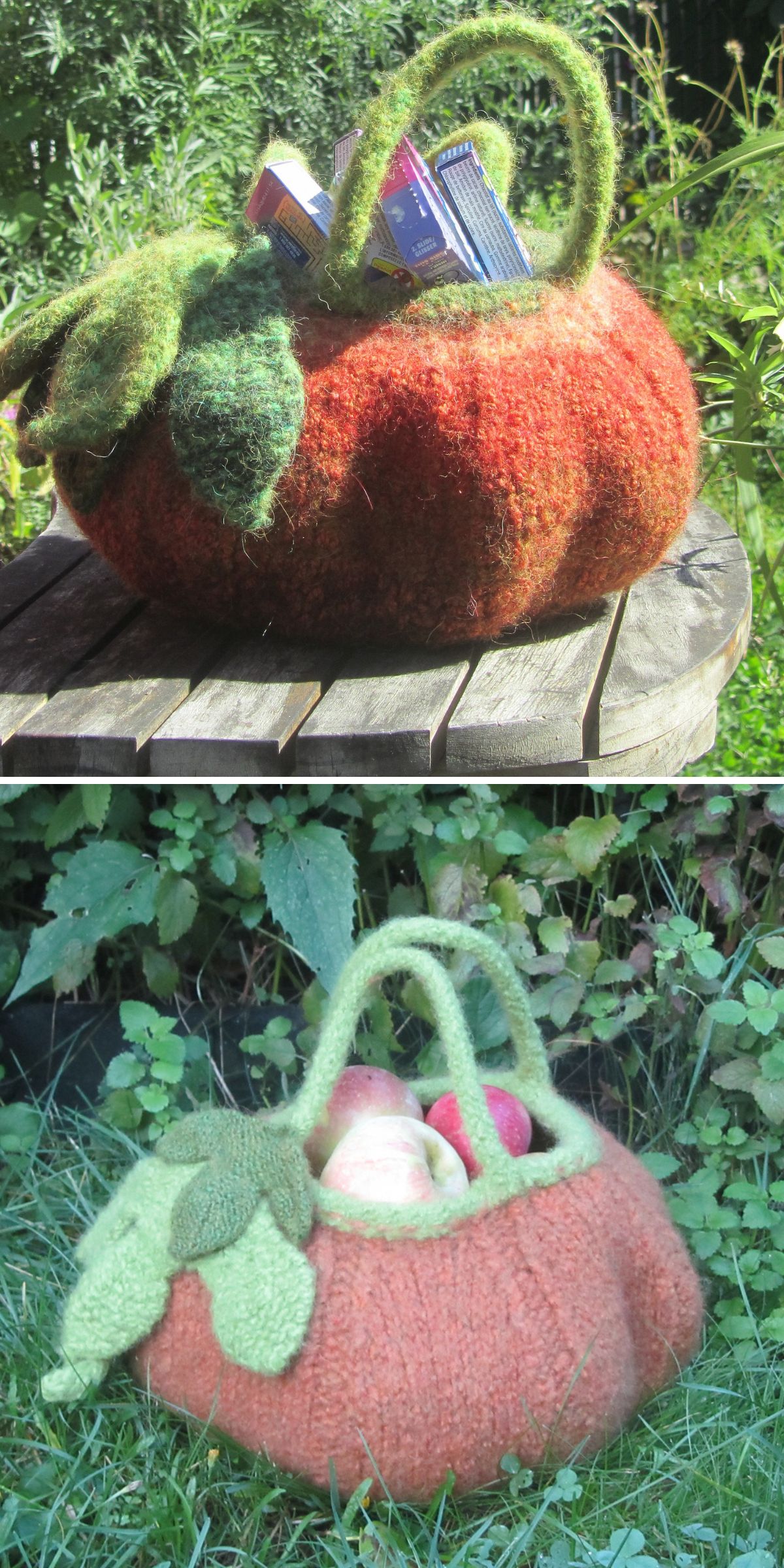 a knitted pumpkin bag