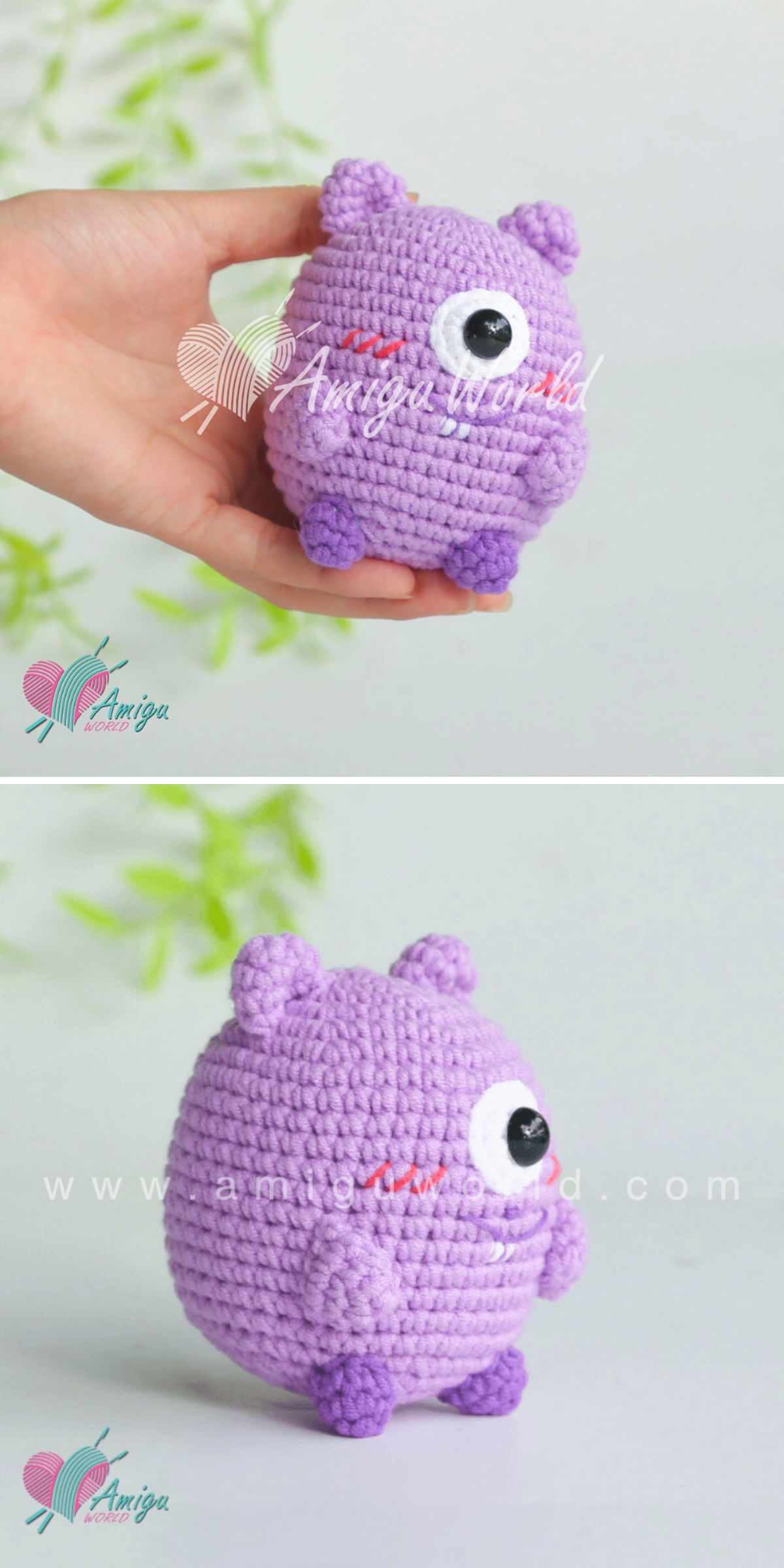 A hand holds a small, purple Crochet Monster amigurumi with two round ears and one large eye. The second image offers a side view of the same whimsical, crocheted creature.