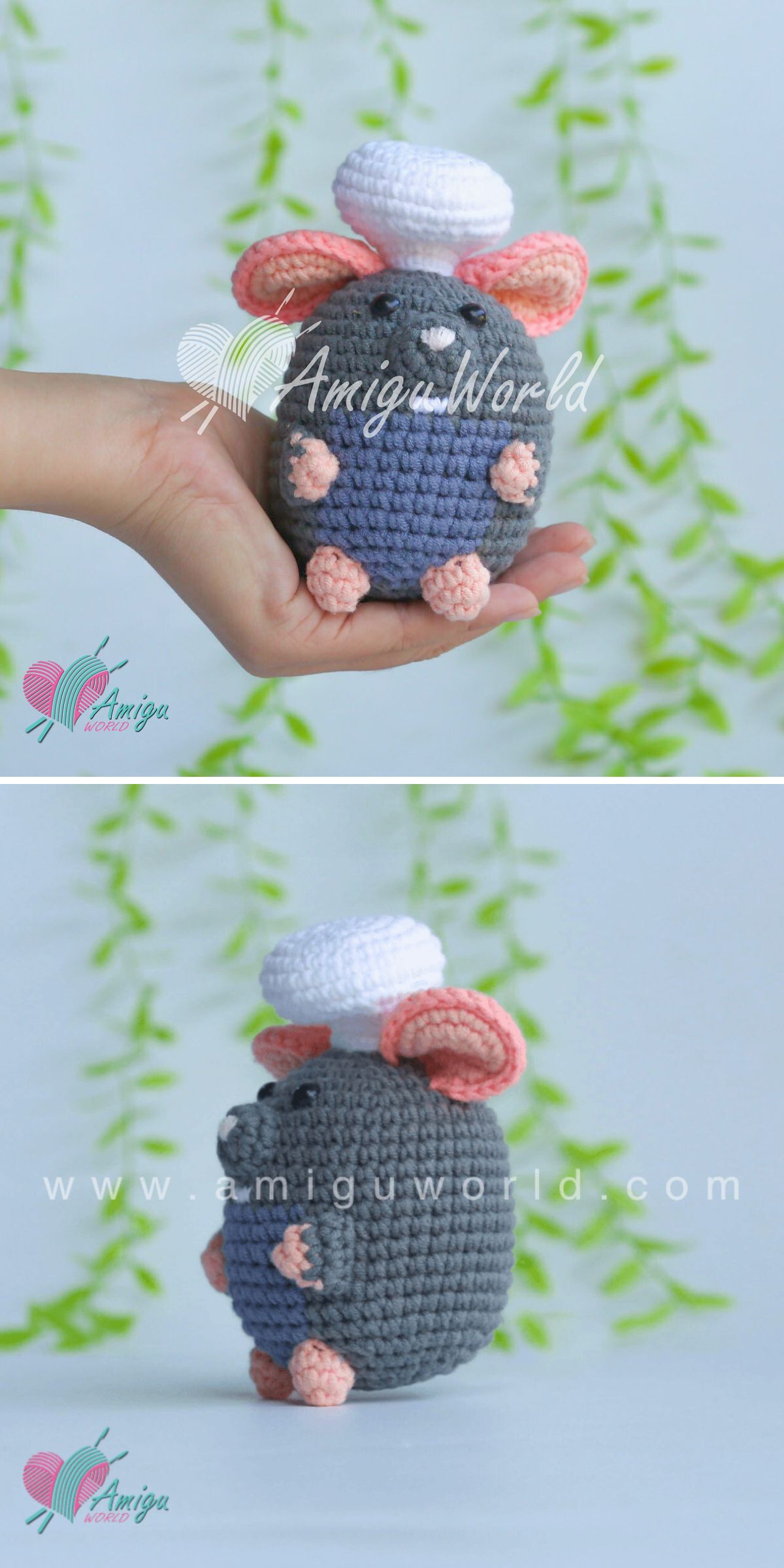 A hand holds an adorable amigurumi mouse in gray with pink ears, feet, and tail, topped with a white chef hat; blurred green leaves fill the background.