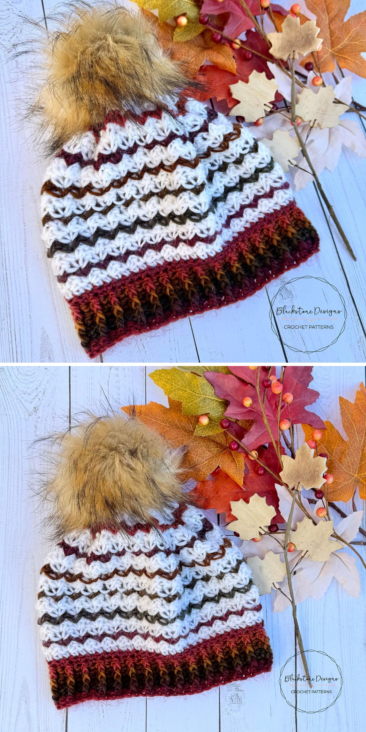 Crocheted hat with faux fur pom-pom, featuring brown, white, red, and black stripes — this cozy crochet beanie is displayed on a white wooden surface with autumn leaves and berries.