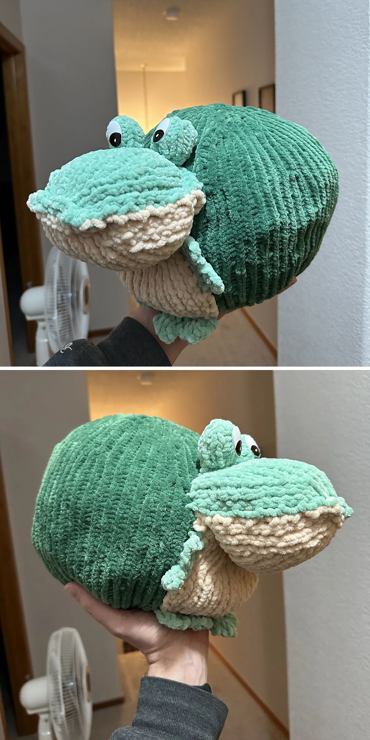 A hand holds a knitted toy shaped like a green and beige alligator with large eyes, shown from two different angles.