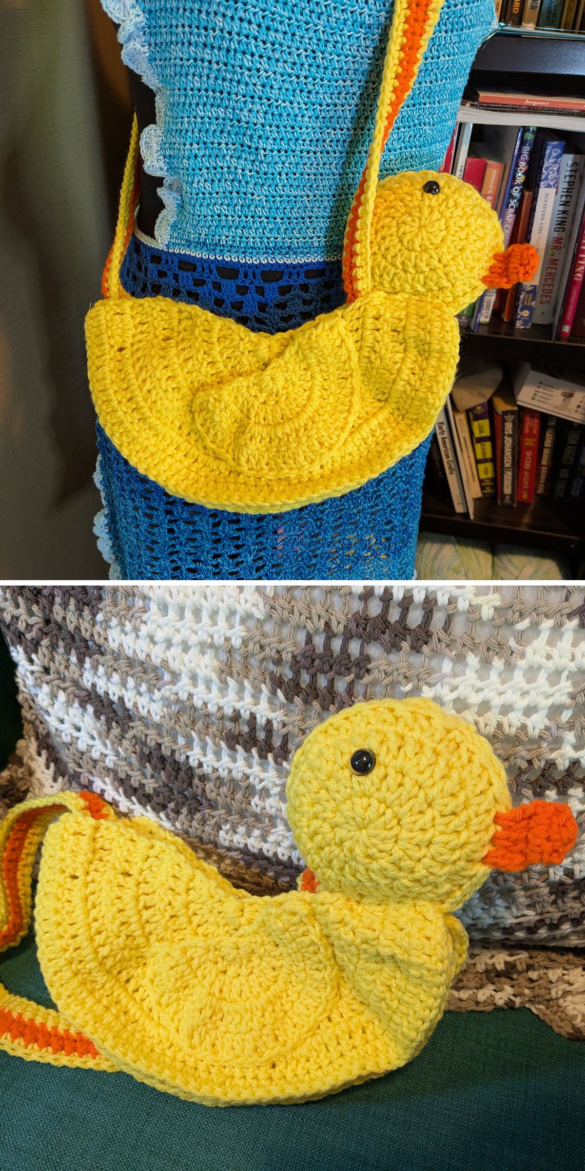 a yellow crochet handbag looking a like a duck