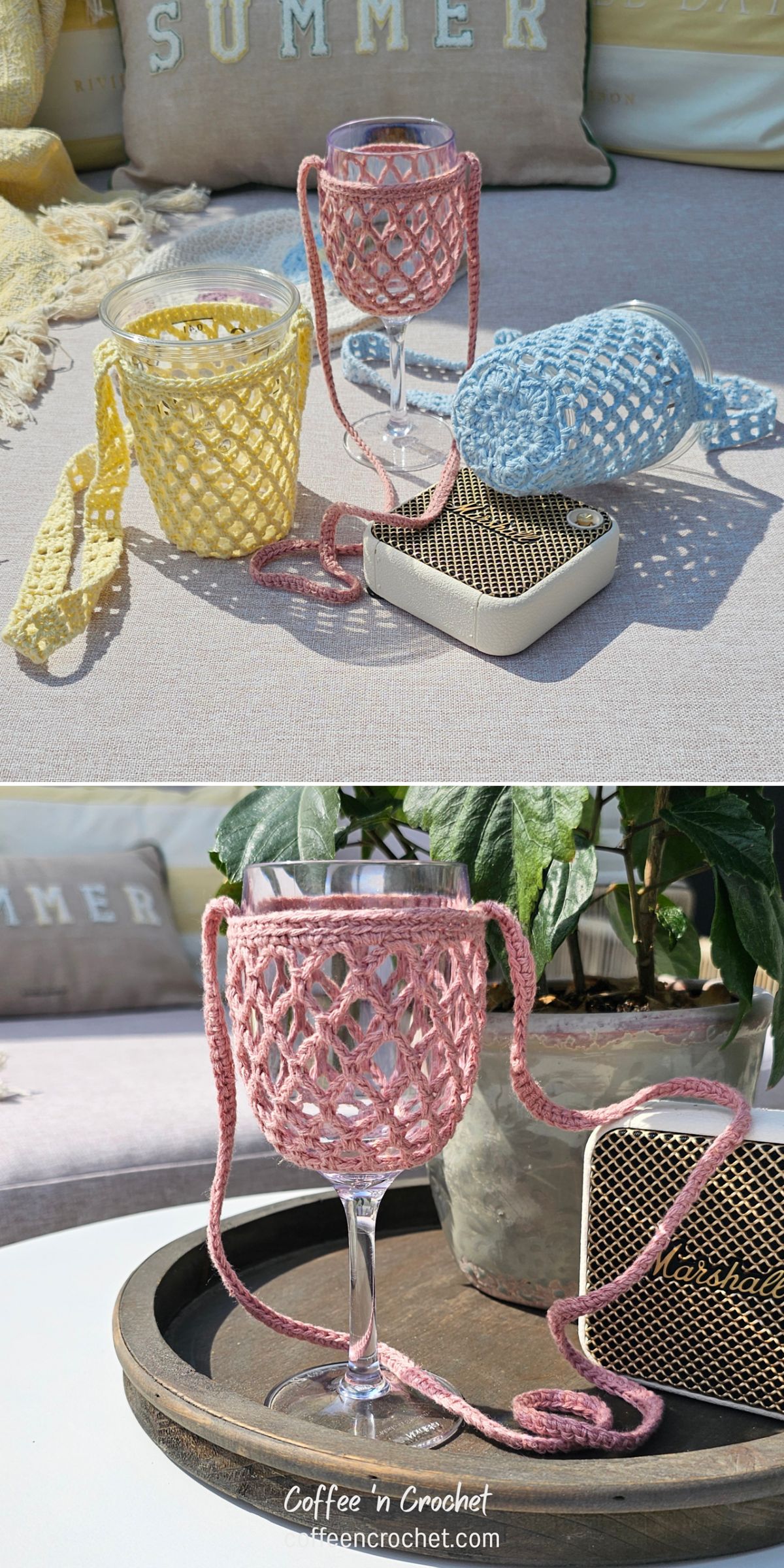 Two photos feature wine glasses in colorful crochet bottle holders—yellow, blue, and pink—with long straps, displayed on outdoor furniture and trays adorned with summer-themed decor.
