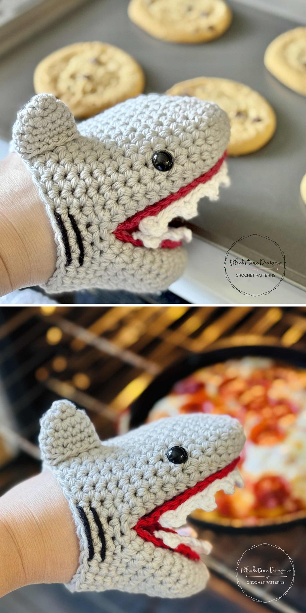 A crochet potholder shaped like a shark is used to handle a baking tray of cookies and a pan in the oven.