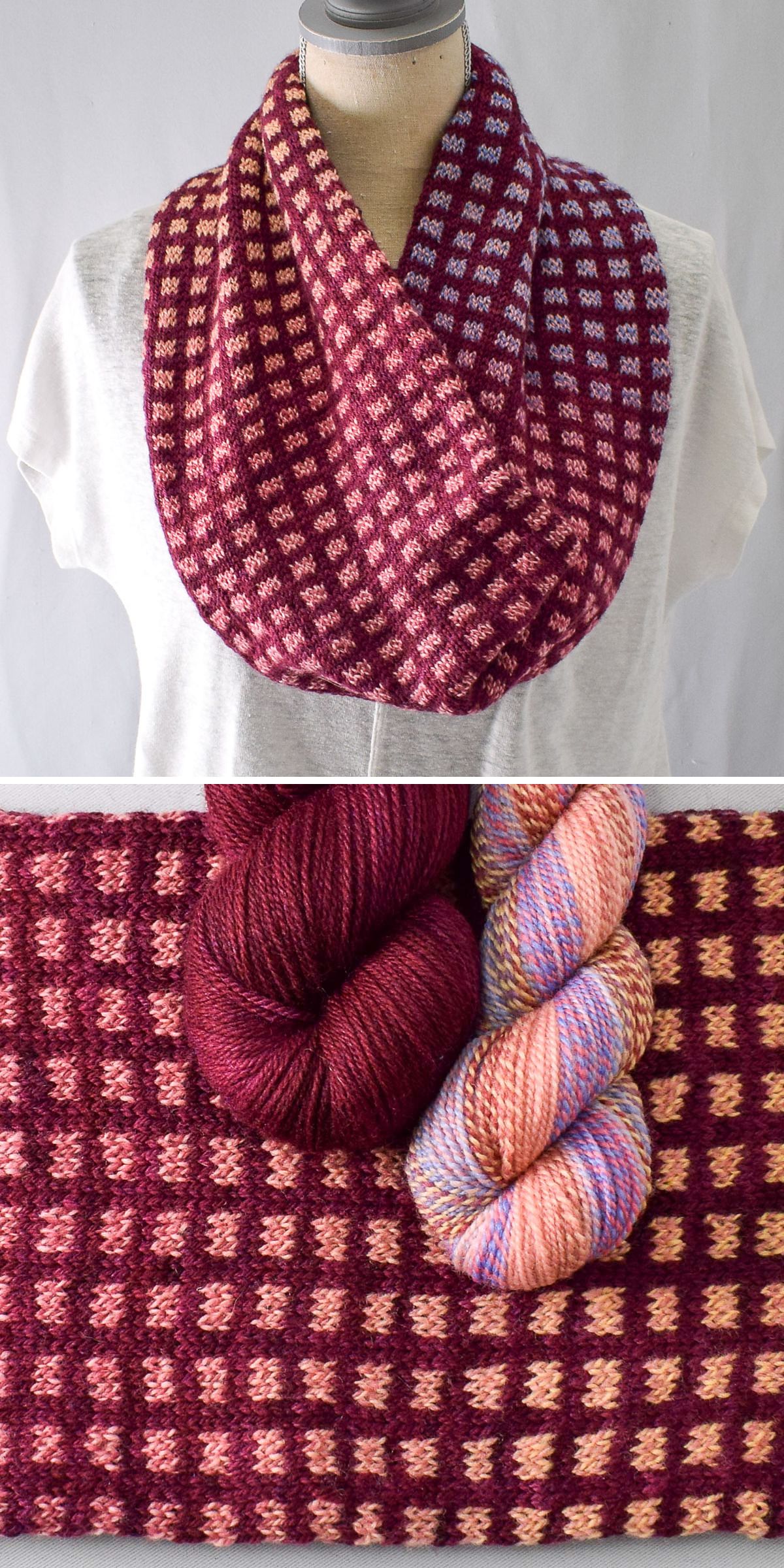 A stylish knitted cowl with a maroon and peach checkered pattern is displayed on a mannequin; matching yarn skeins rest on the cozy, hand-knitted fabric in a close-up.