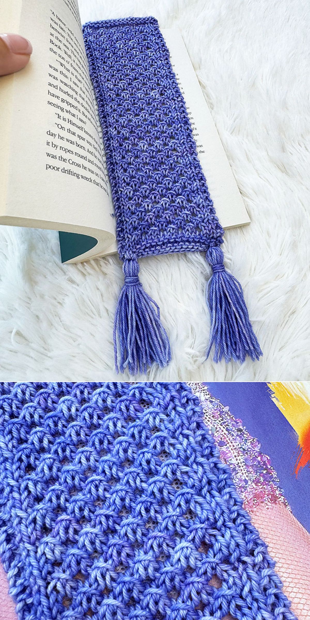 A hand holds open a book with a purple crocheted bookmark with two tassels. Below is a close-up view showing the textured crochet pattern, perfect for fans of unique, knitted bookmarks.