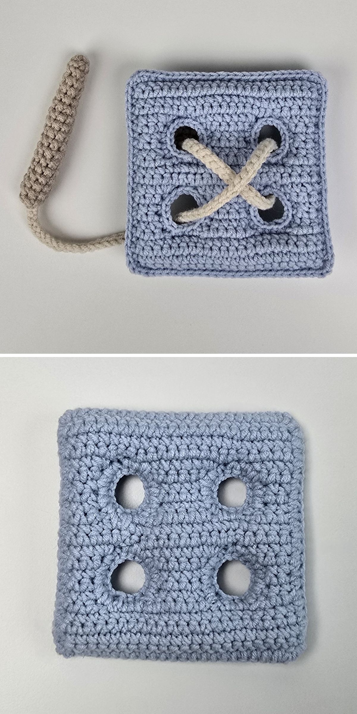 a crochet button-threading toy