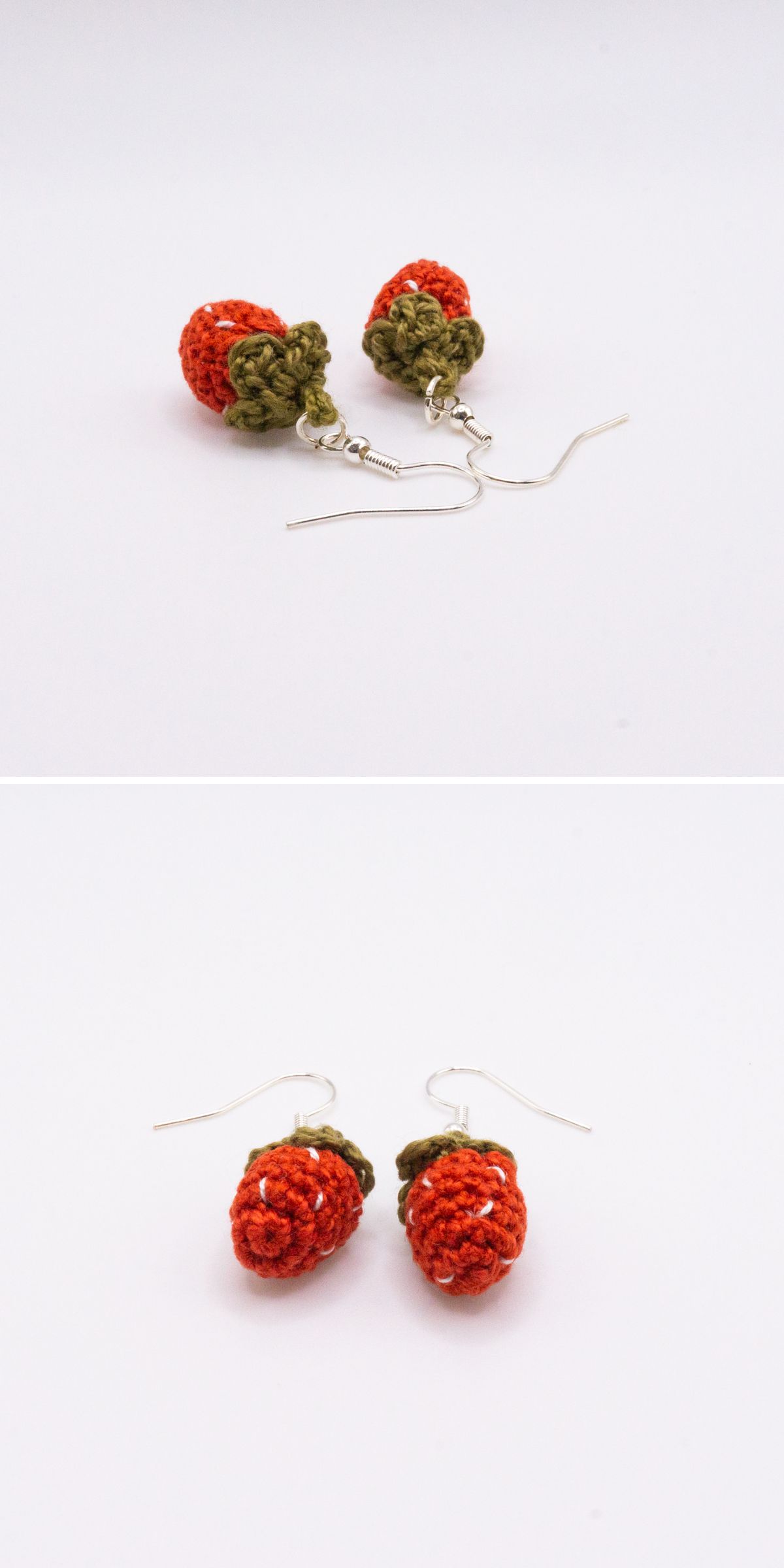 Two photos show a pair of crochet earrings with orange and green designs resembling small strawberries, displayed on a plain white background.