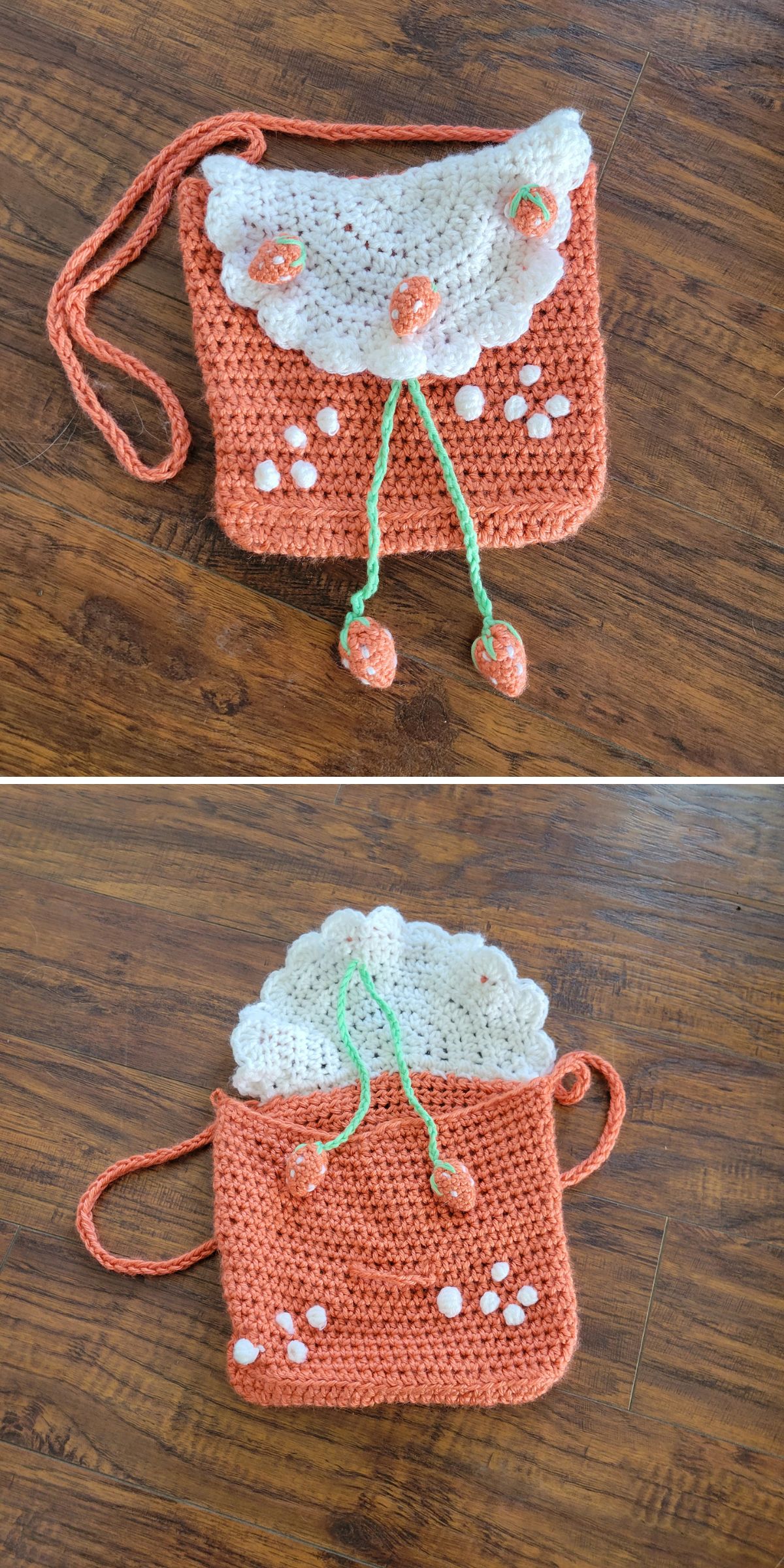 a small crochet bag with a long strap featuring a strawberry-inspired design