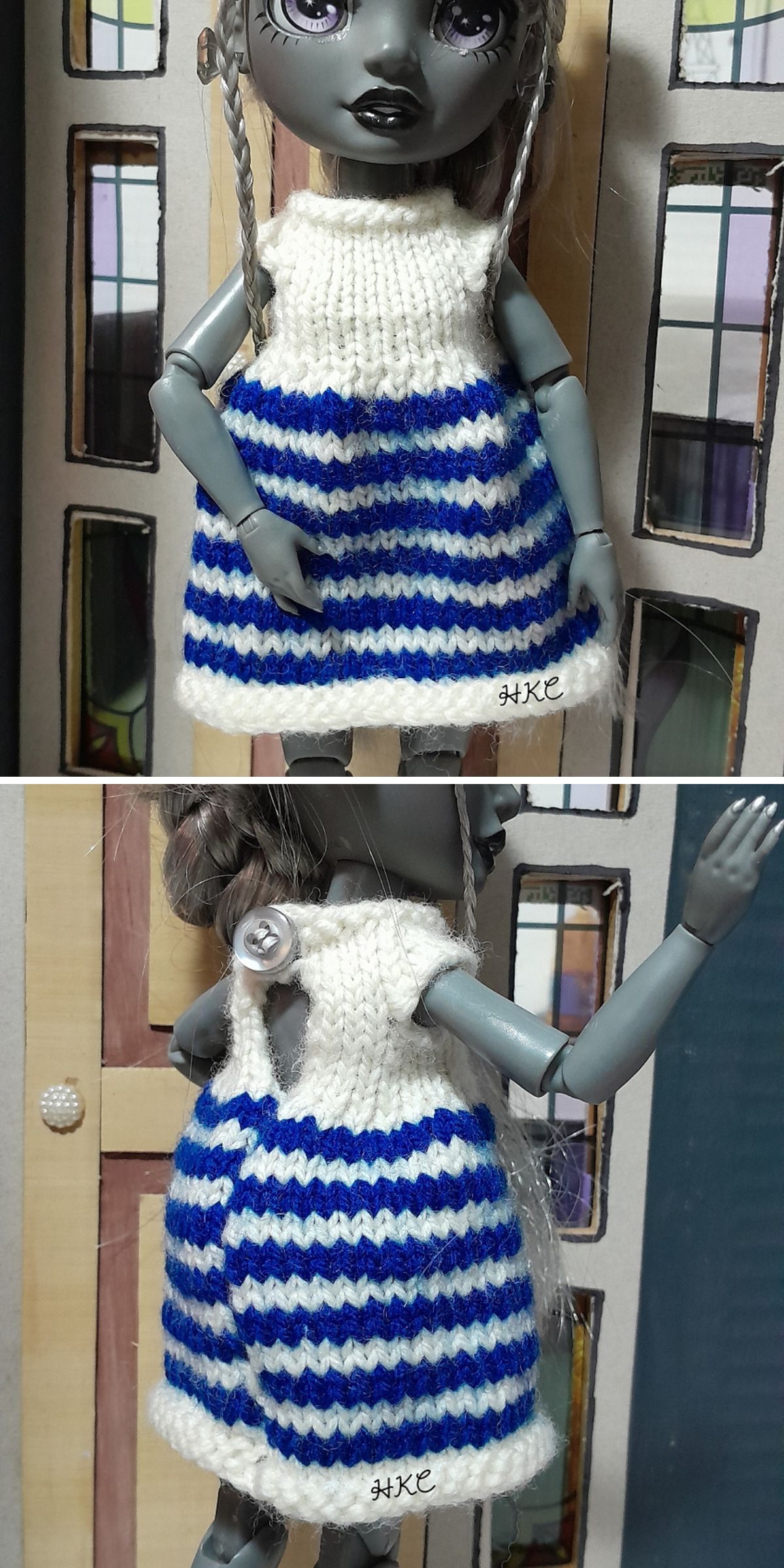 A grey doll wearing knitted clothes for dolls — a white and blue striped dress with a button closure at the back — shown from the front and back against a charming dollhouse background.