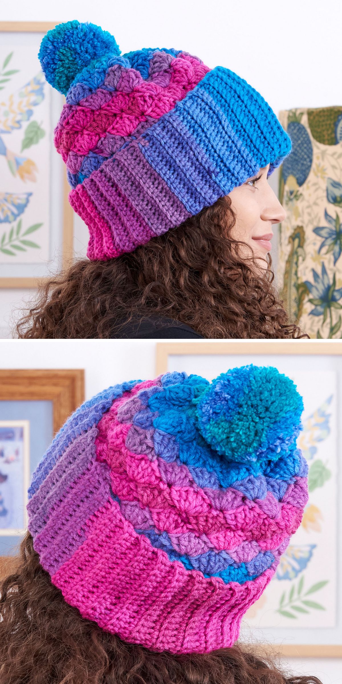 A person with curly hair wears a colorful crochet beanie with blue, purple, and pink stripes and a blue pom-pom, shown from the side and back.
