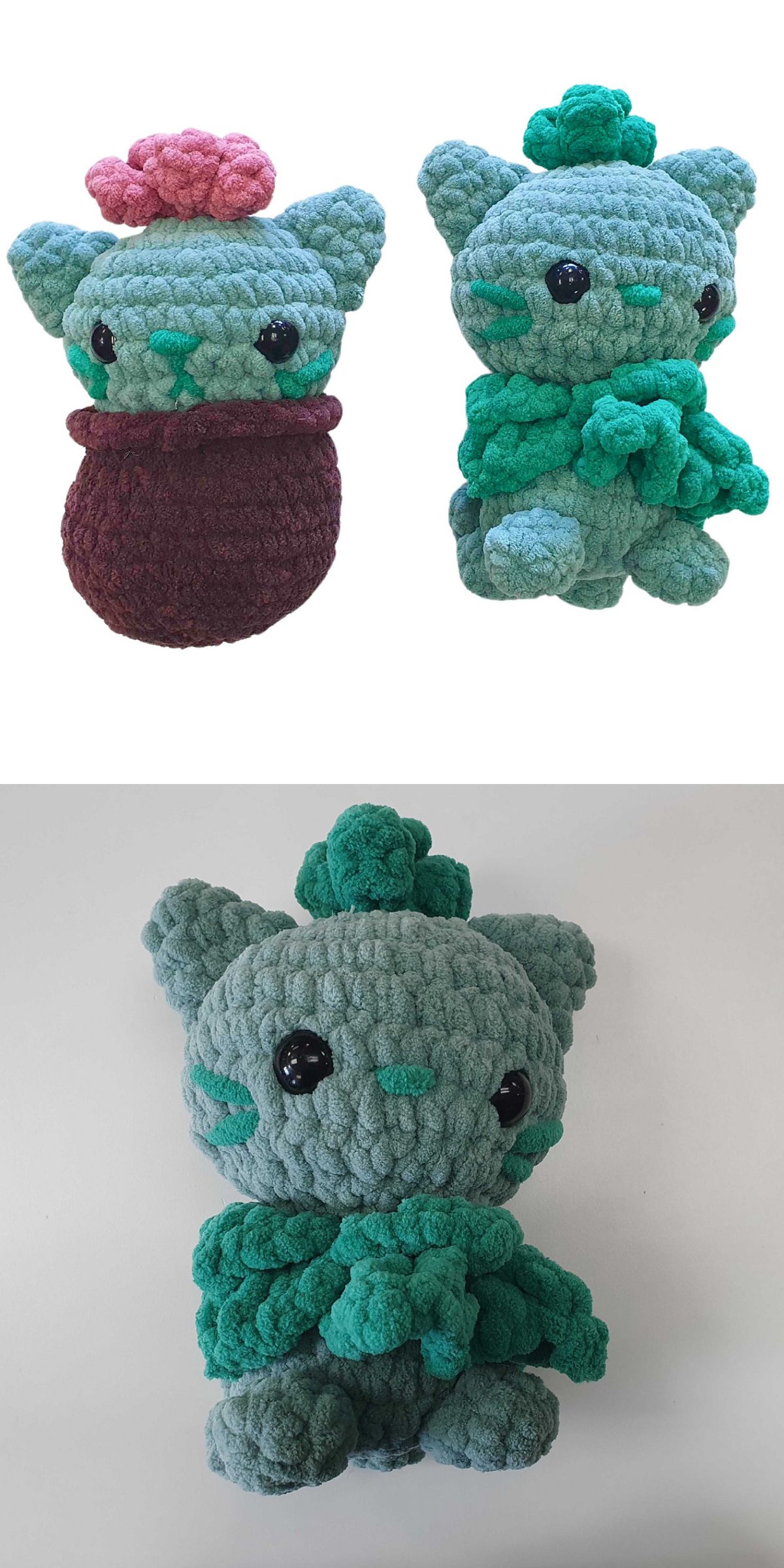 green amigurumi cats with leaves or in the pot, so resembling crochet succulents