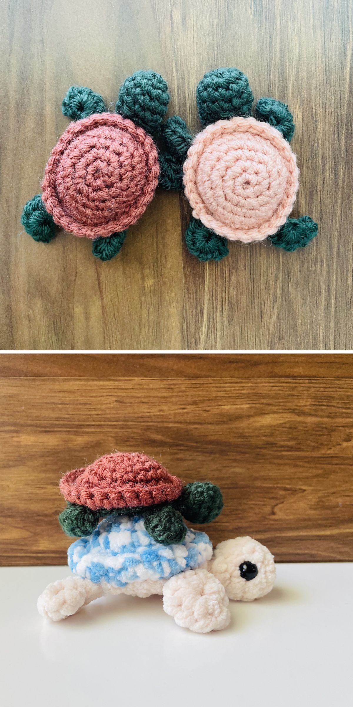 Two crocheted turtles, crafted with care, feature a red shell and a pink shell. Shown from above and the side on wooden surfaces, each crocheted turtle displays charming handmade details.