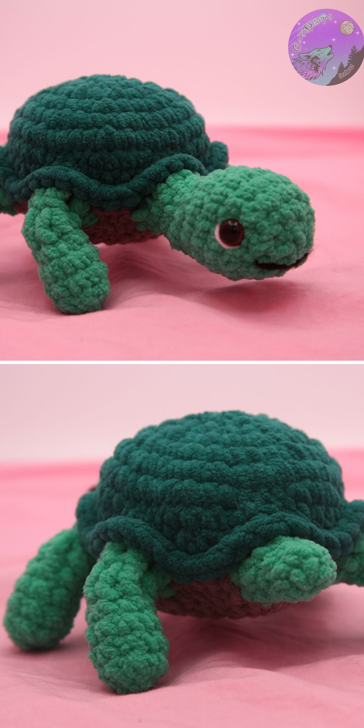 Two views of a crocheted turtle plush toy with a dark green shell, shown on a pink surface.