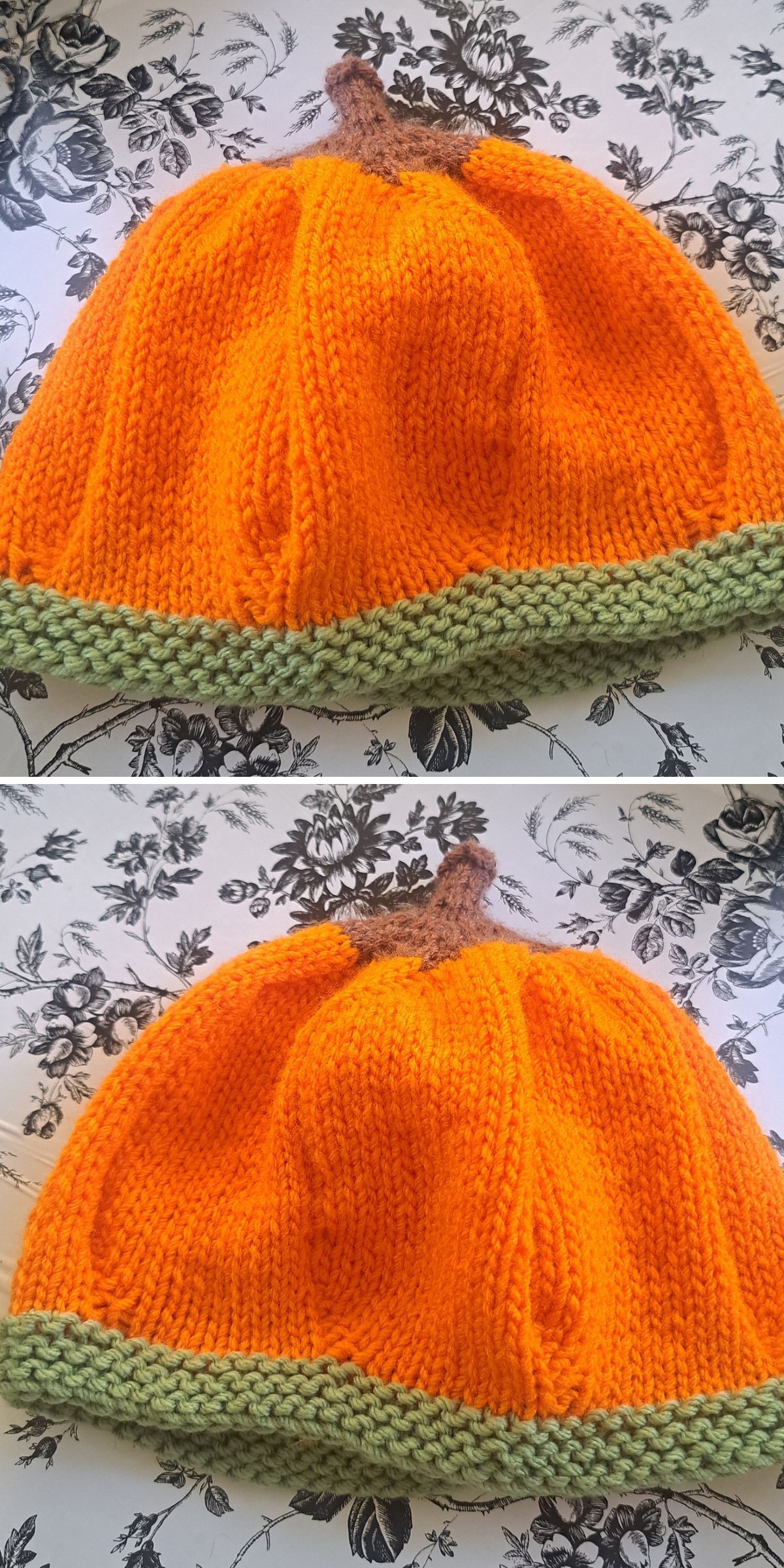 a knitted beanie in a pumpkin shape for Halloween costume