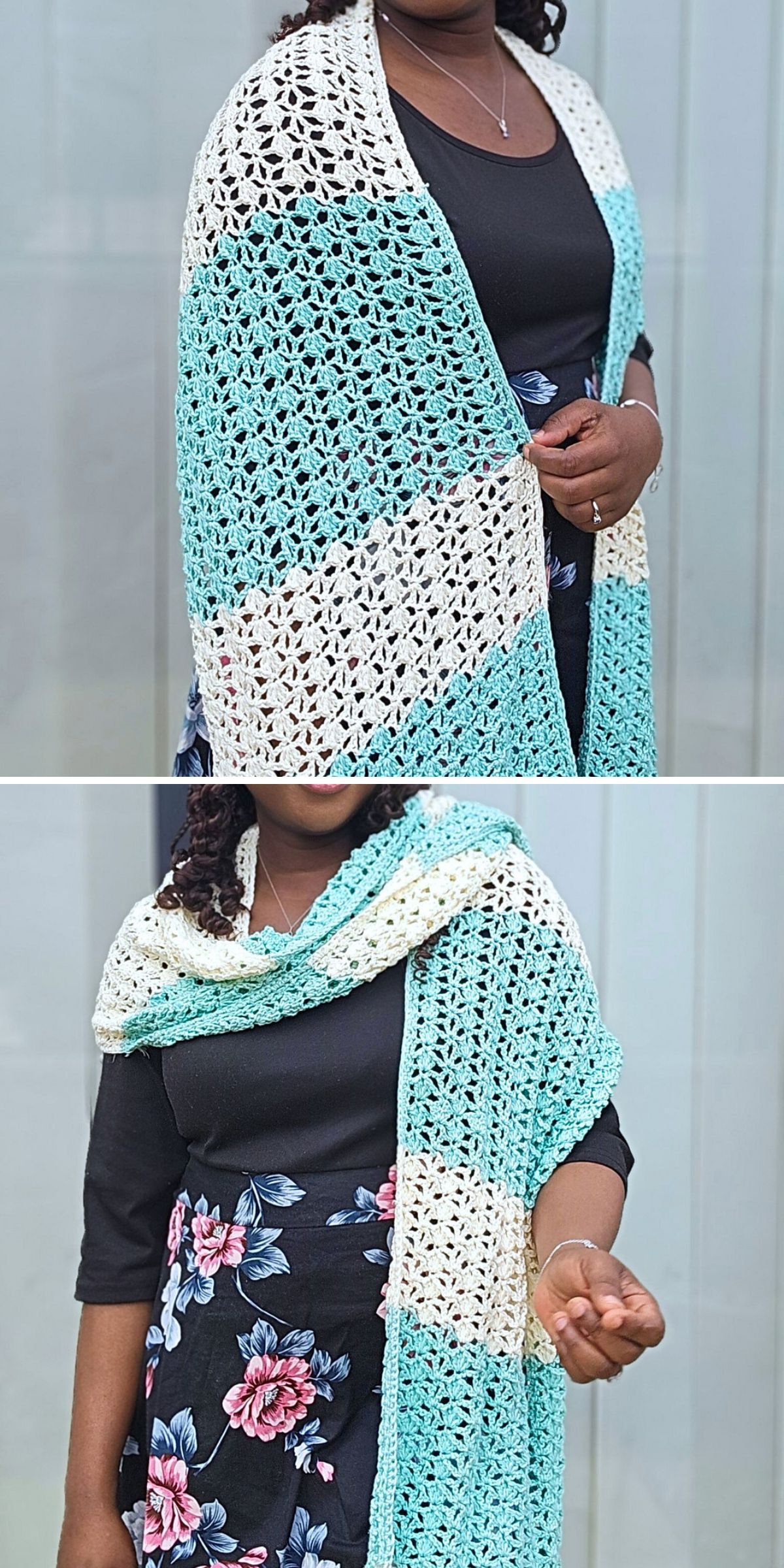 A person wearing a black top with a floral skirt displays a crochet wrap shawl in blue, white, and teal stripes in two different poses.