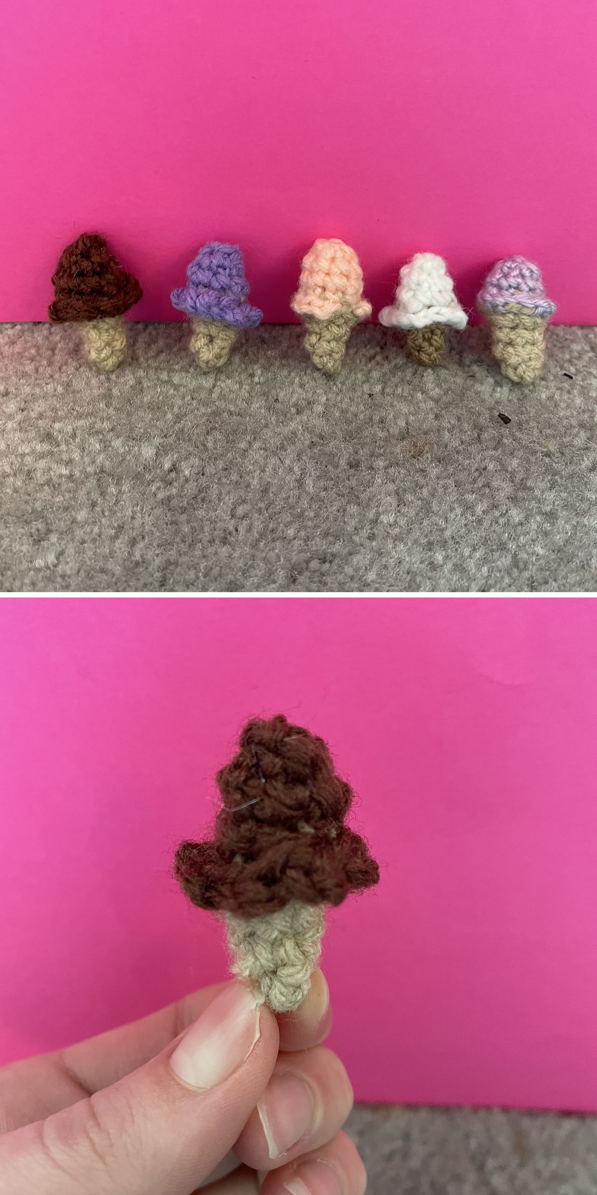 five tiny crochet ice cream cones amigurumi