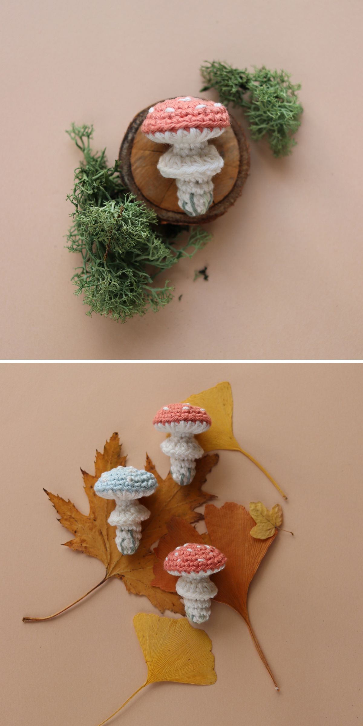 Two photos show crochet mushroom amigurumi with red caps and white stems arranged on natural elements like moss, wood slices, and dried autumn leaves against a neutral background.