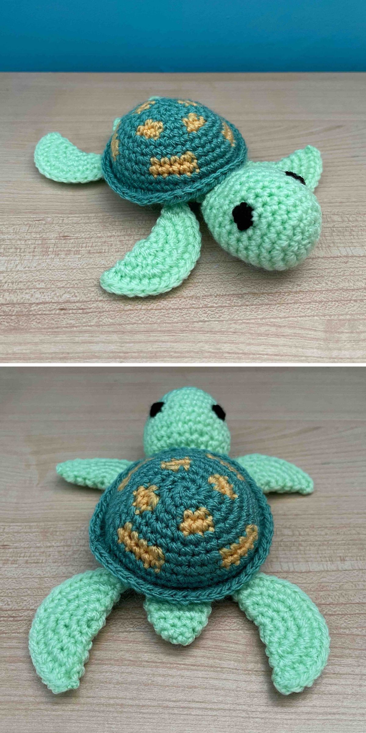 A handmade crocheted turtle plush toy with a green head, limbs, and tail, and a teal shell featuring yellow spots, displayed on a light wooden surface.