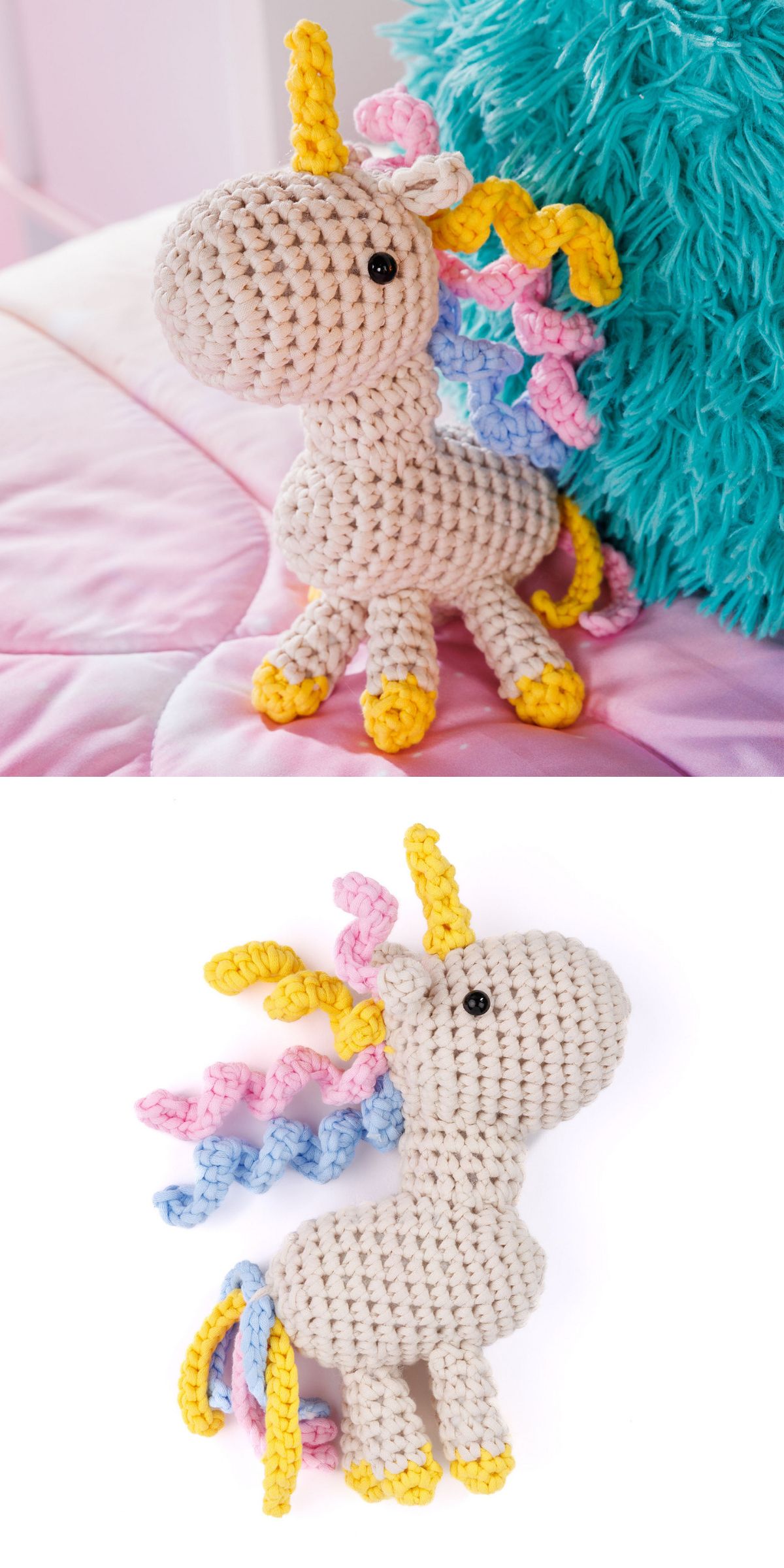 Crocheted amigurumi unicorn plush with yellow horn, multicolored mane and tail, and black stitched eyes, shown sitting upright and laid flat on a pink and blue background.