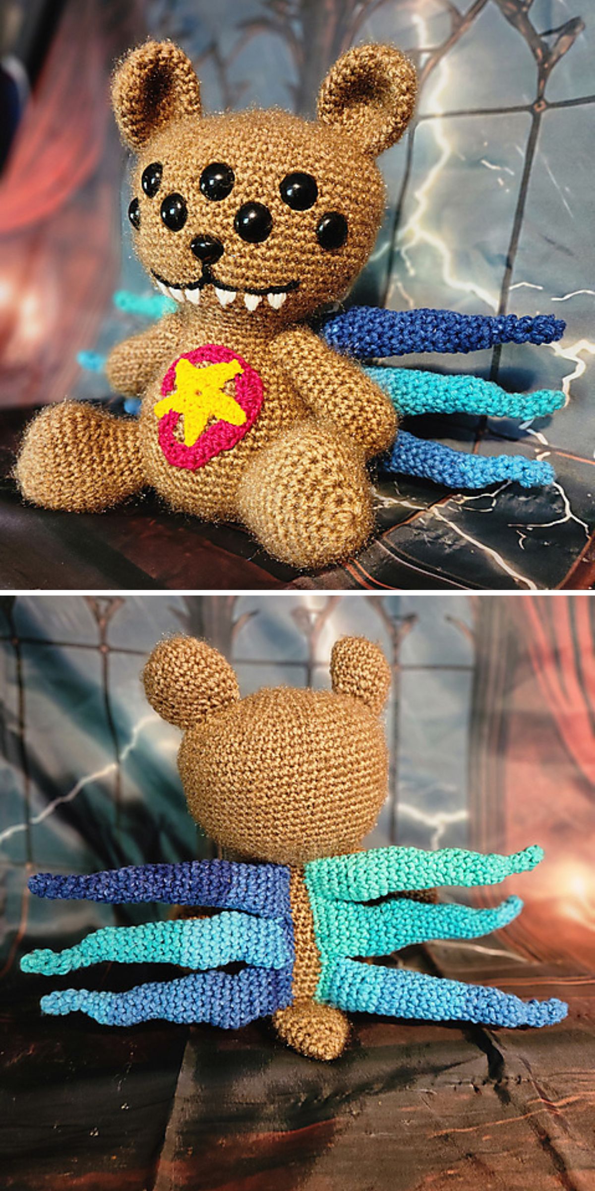 A Crochet Monster plush toy with six black eyes, fangs, a red star on its chest, and four blue crocheted wings, shown from the front and back.