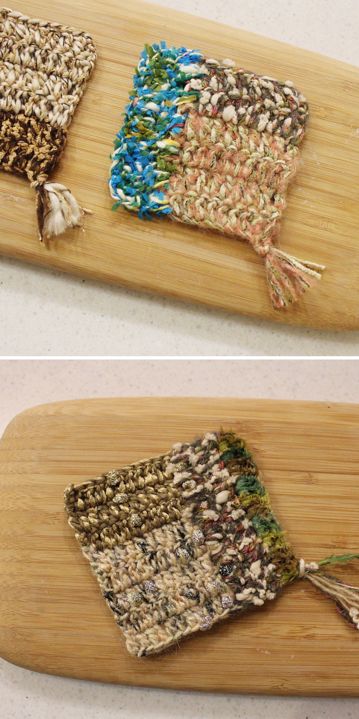 Two small, square crochet coaster swatches with fringe edges rest on a light wooden surface. The multicolored, textured yarns add a cozy touch to the scene.