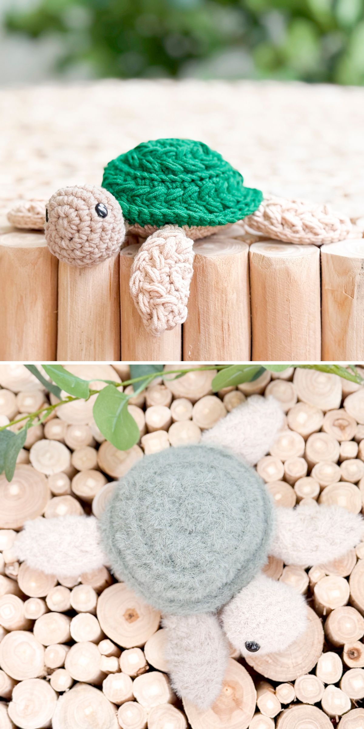 Two adorable crocheted turtles, each with a vibrant green or blue shell, rest on a wooden surface in a bright setting. Perfect for any crocheted turtle enthusiast or handmade decor lover.