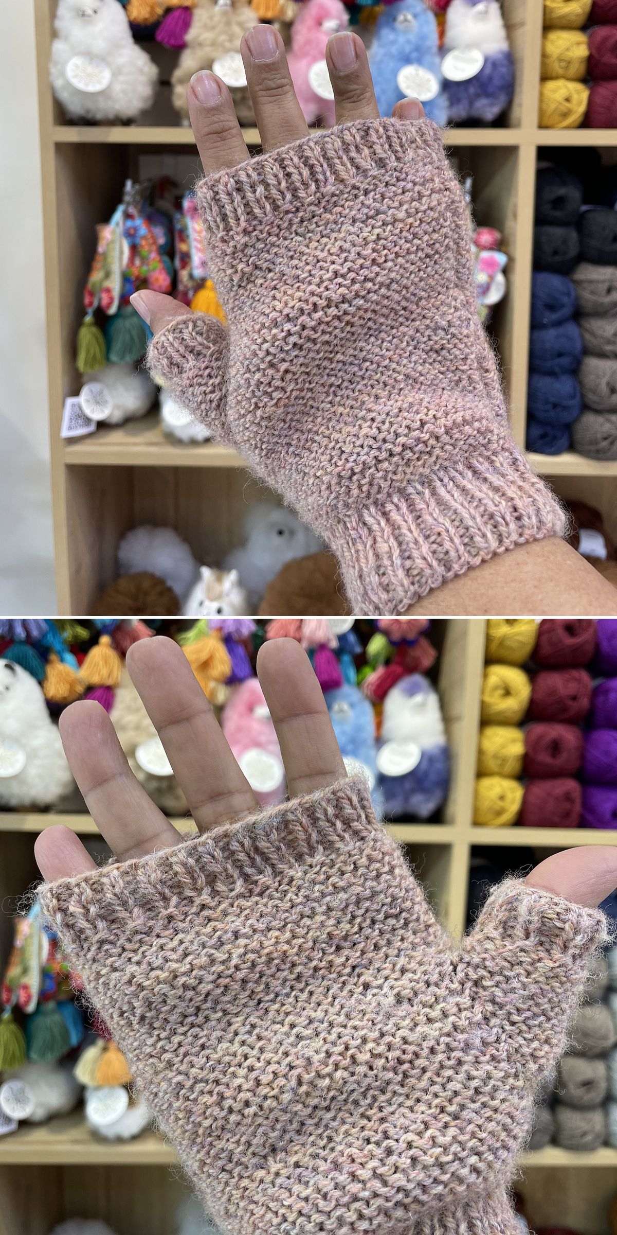 Two images show a hand wearing easy knitting fingerless gloves in pink and beige tones, with shelves of colorful yarn and plush toys in the background.