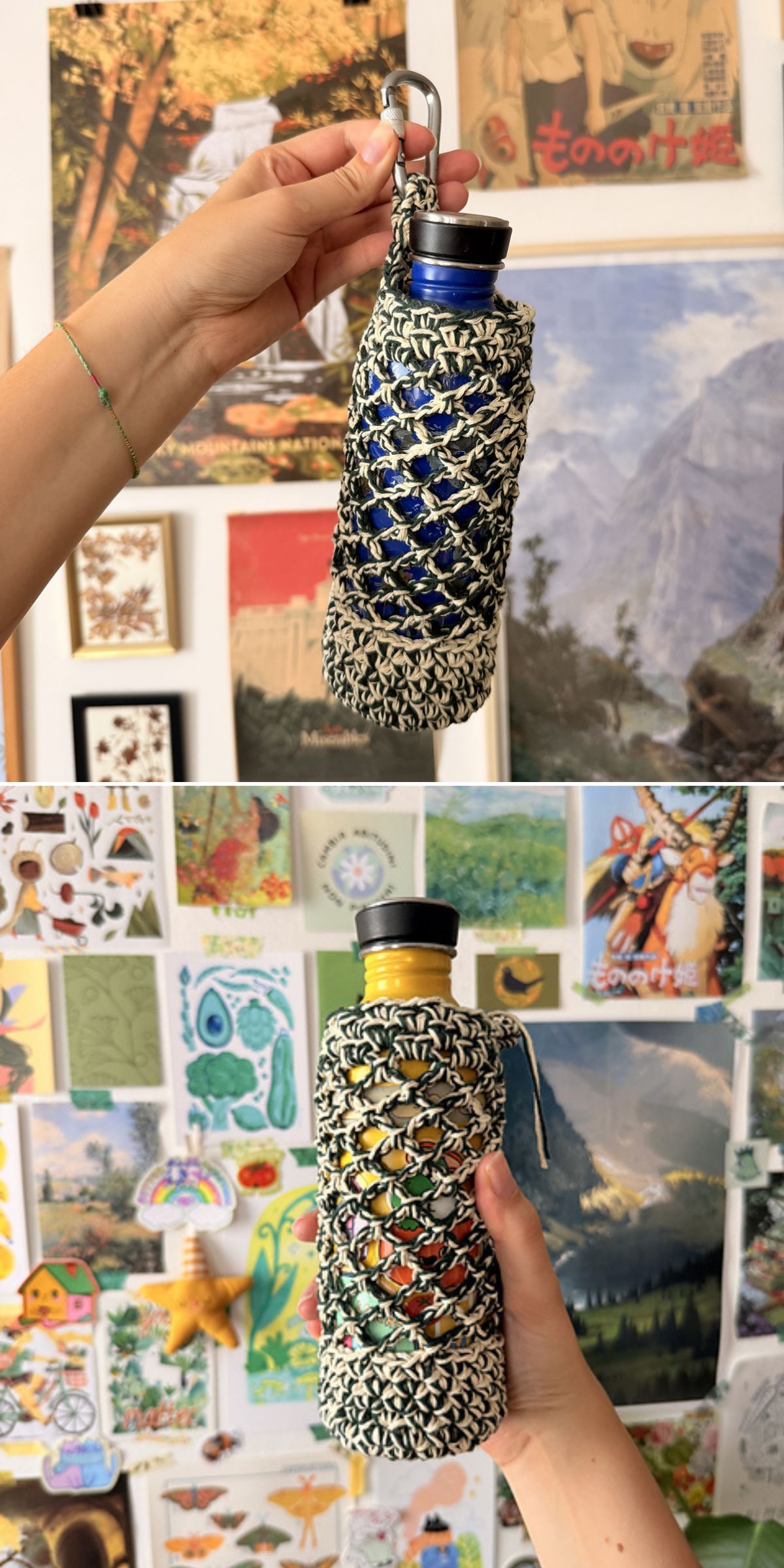 Two hands display reusable bottles wrapped in a crochet bottle holder against walls covered with colorful art prints and posters.