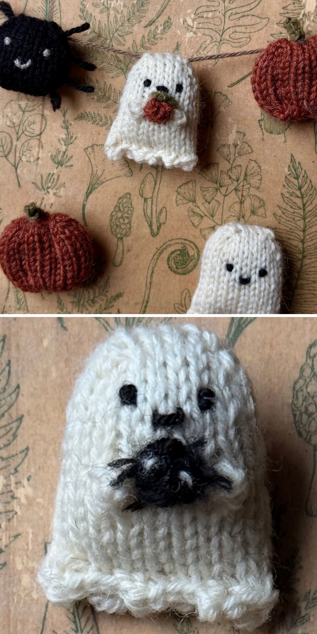 Knitted yarn figures including two white ghosts, two pumpkins, and a black spider, showcasing Halloween knitting patterns, with a close-up of a ghost holding a small black creature.