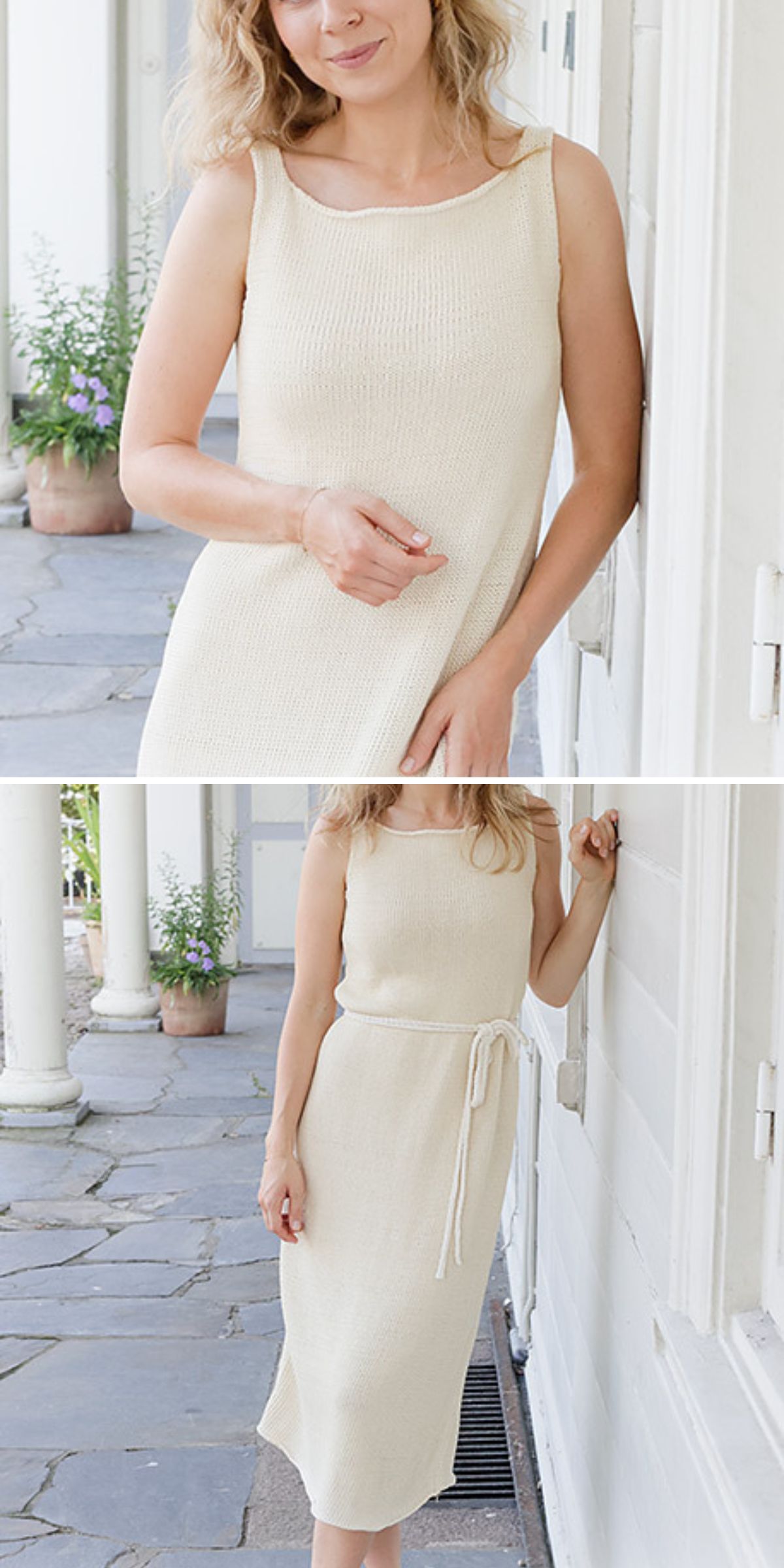 A woman stands on a porch wearing a sleeveless, light beige knit dress, featuring classic knit dress patterns; in the second image, she styles it with a belt tied at the waist.