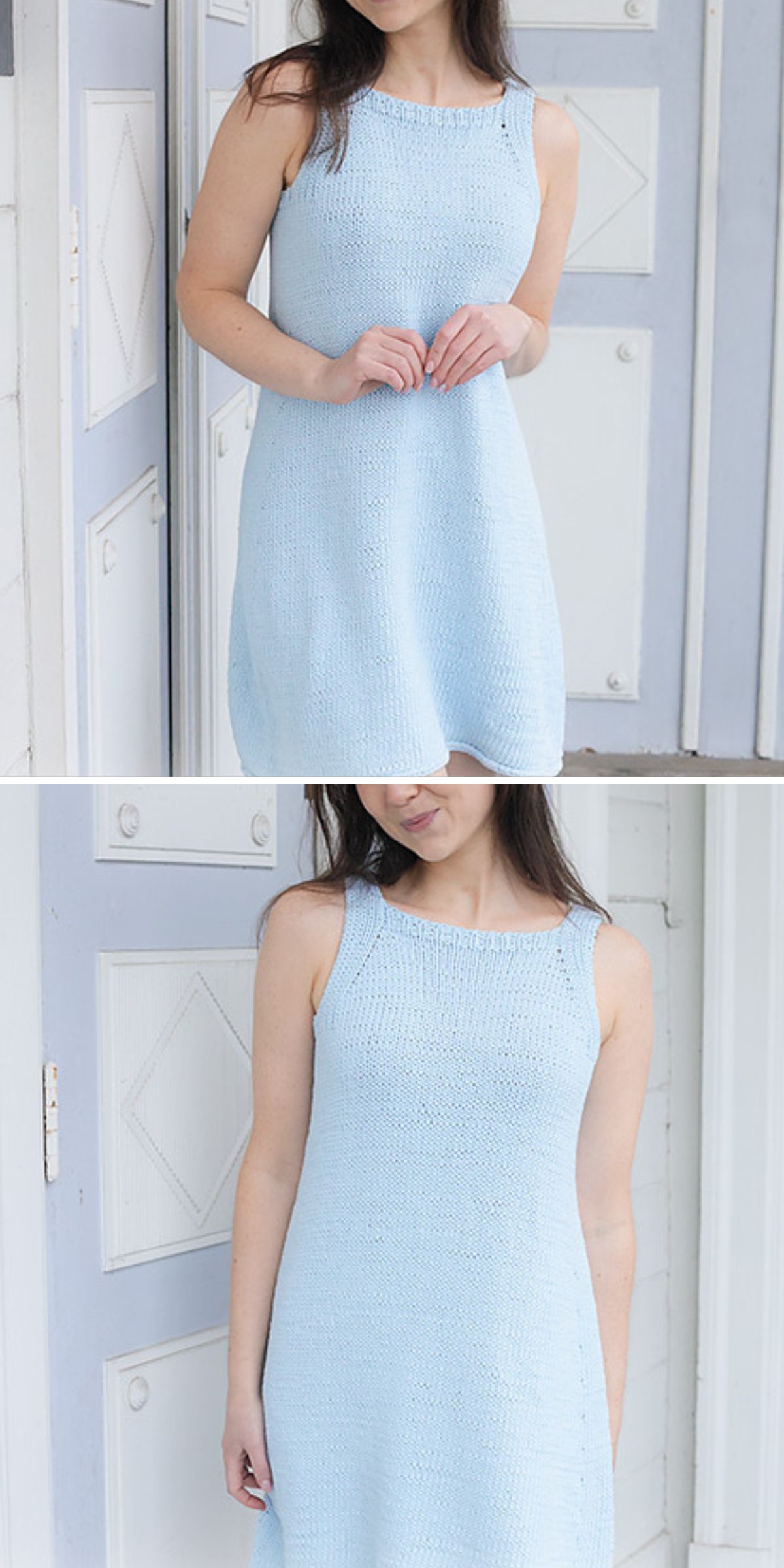 A woman stands in front of a door wearing a sleeveless, light blue knit dress, showcasing one of the season’s chic knit dress patterns.